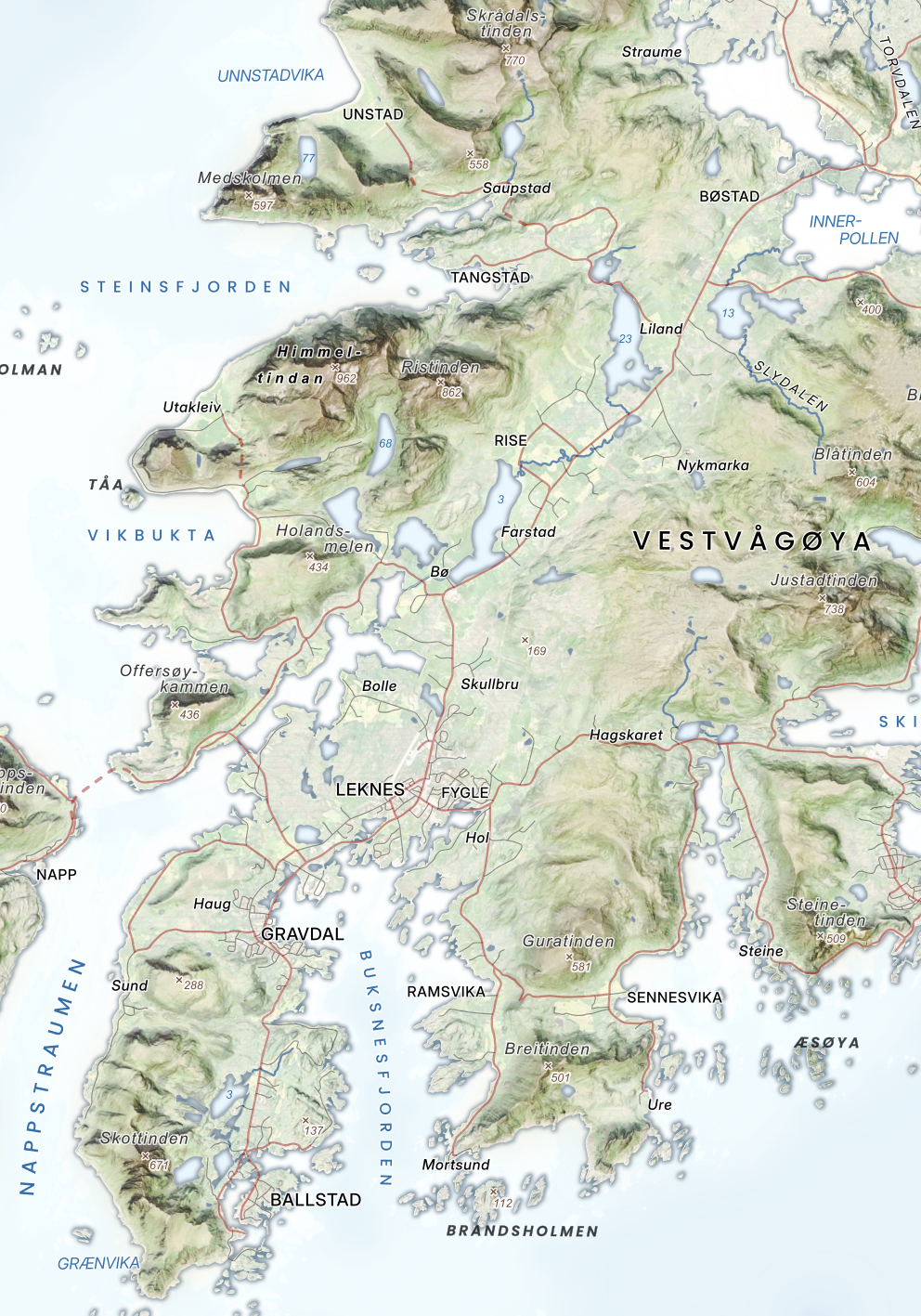 Vestvågøya – Unstad, Leknes og Ballstad vist i fargerikt og detaljert kart.