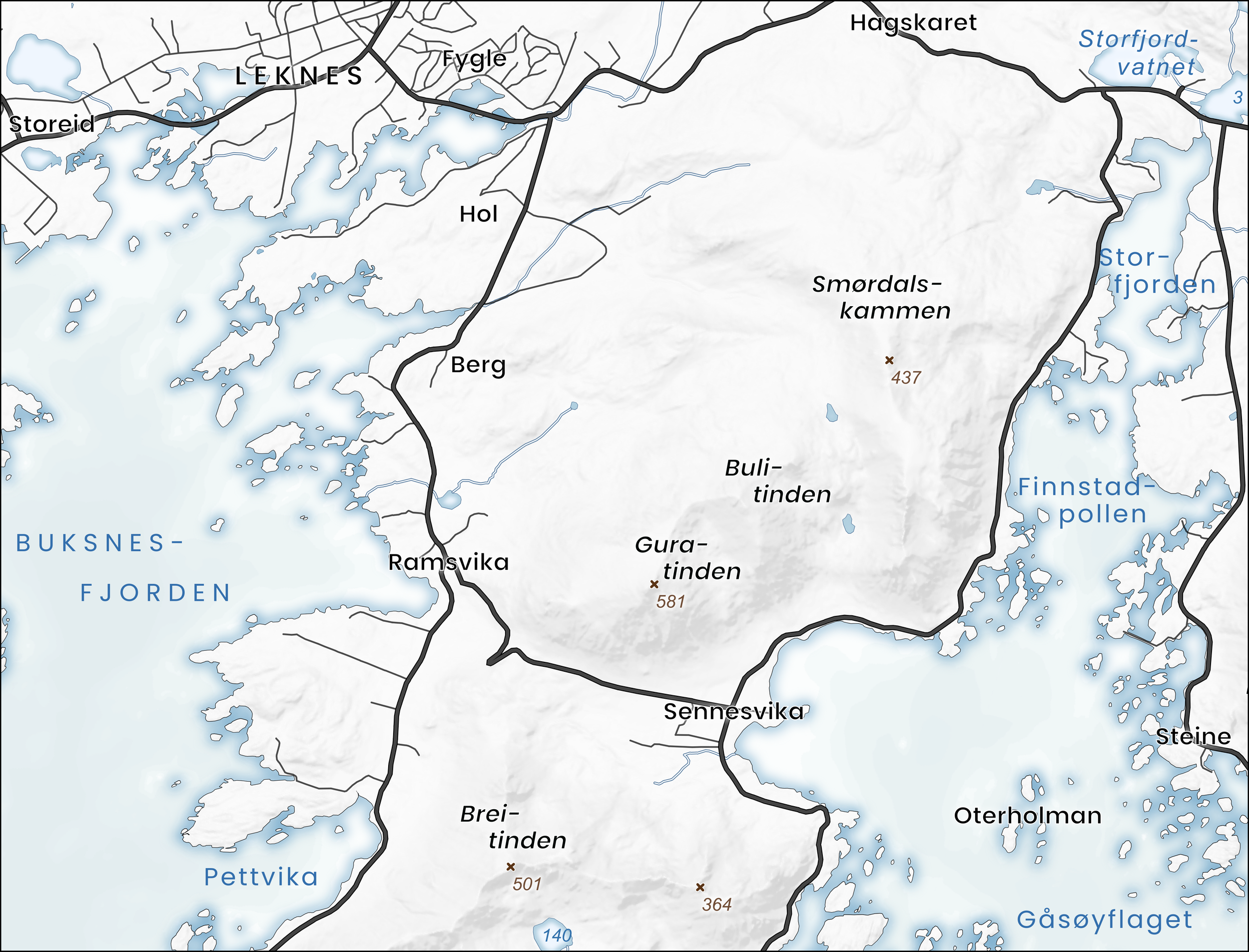 Ekstremt forenklet kart i helhetlig grafisk stil – kun de viktigste elementene står igjen, for maksimal ro.