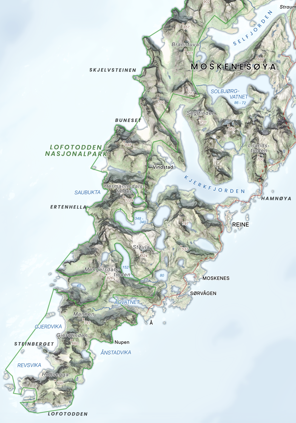 Lofotodden med realistisk lyssetting – fjell, hav og detaljerte kystlinjer.