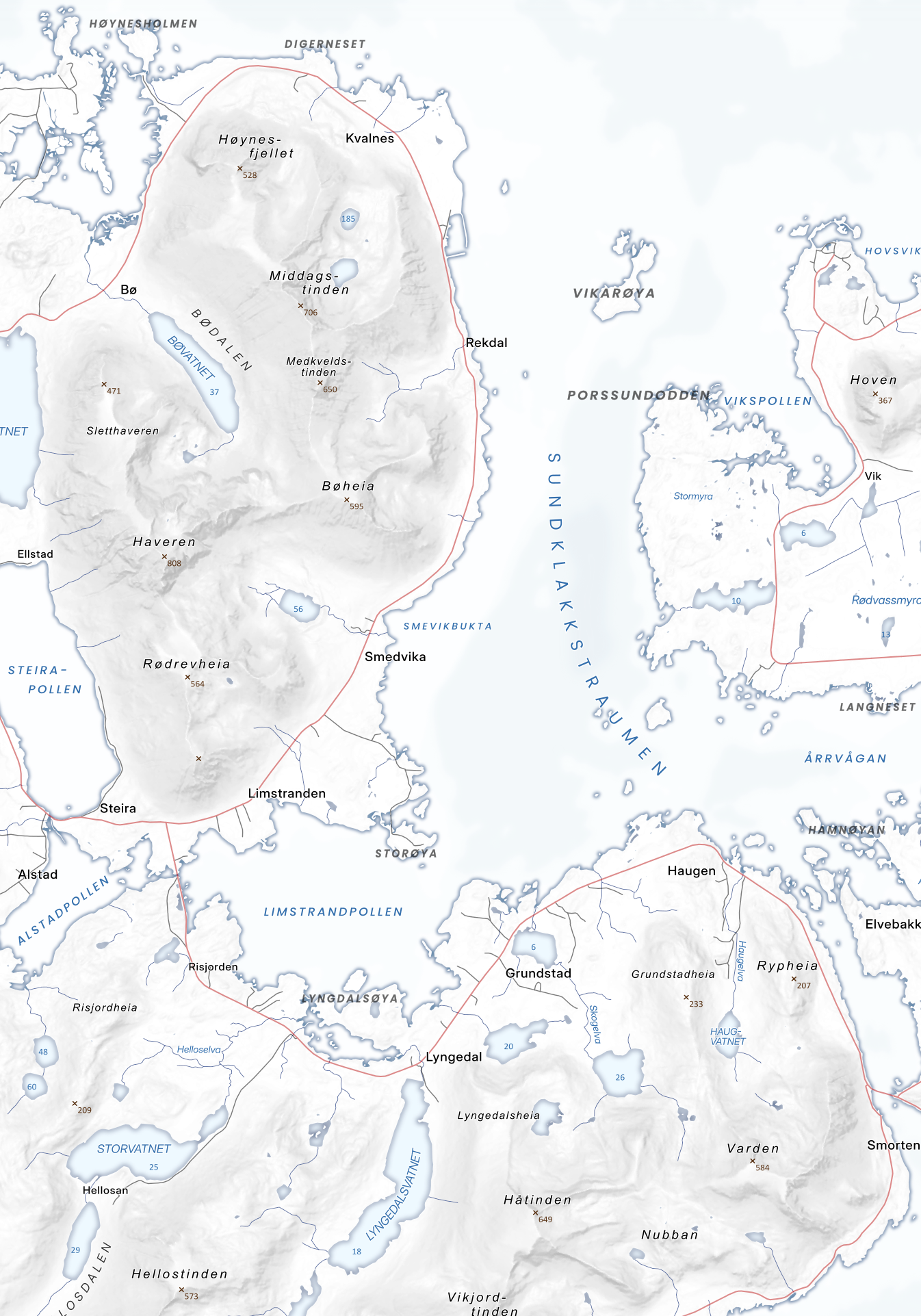 Nordøstlige Vestvågøy – Haveren, Hellostinden, Håtinden og Gimsøya med Hoven i minimalistisk design.