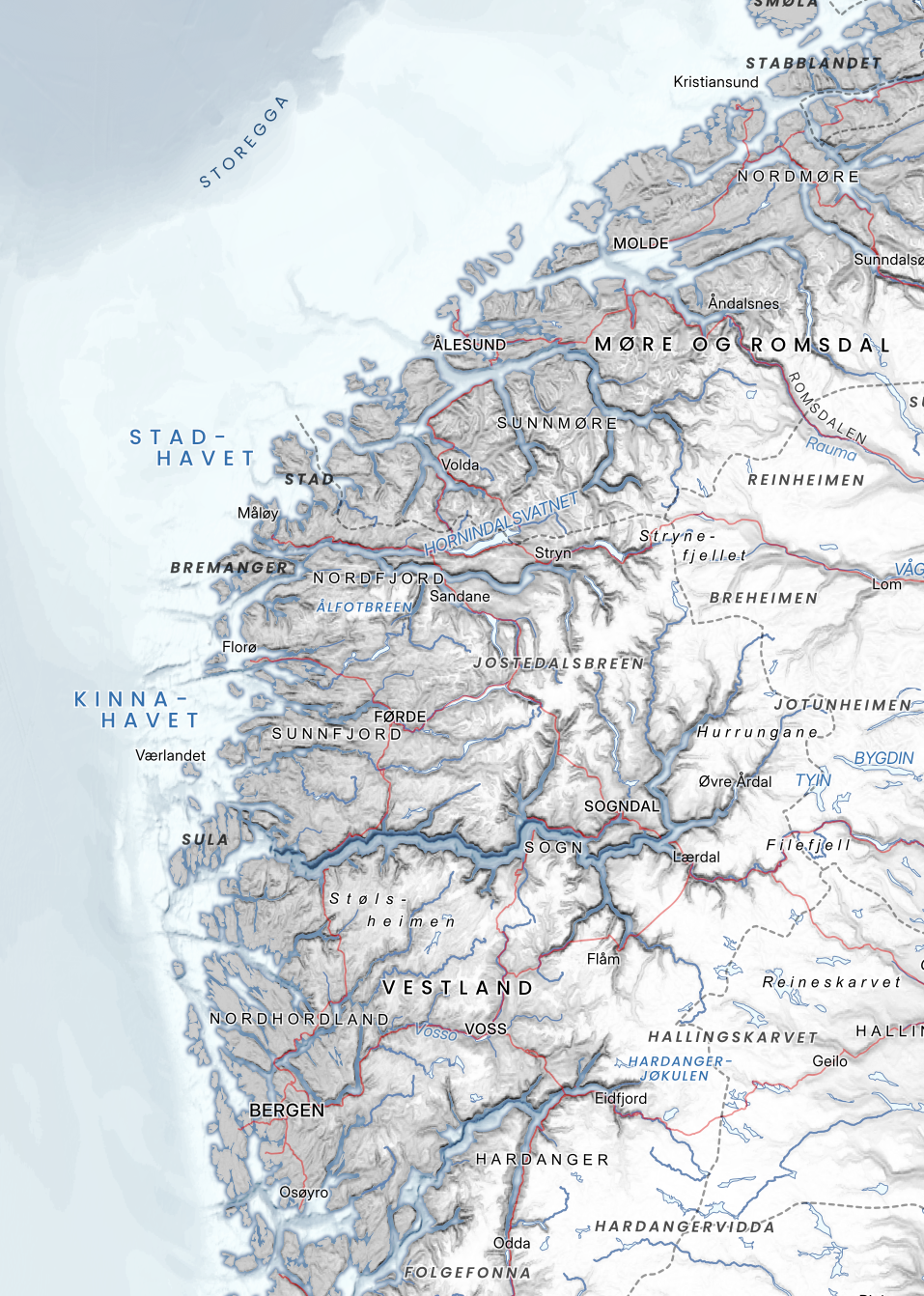 Utsnitt av Vestlandet fra Norgeskart – Elegant. Viser fjorder og daler i sofistikert stil med diskrete detaljer.