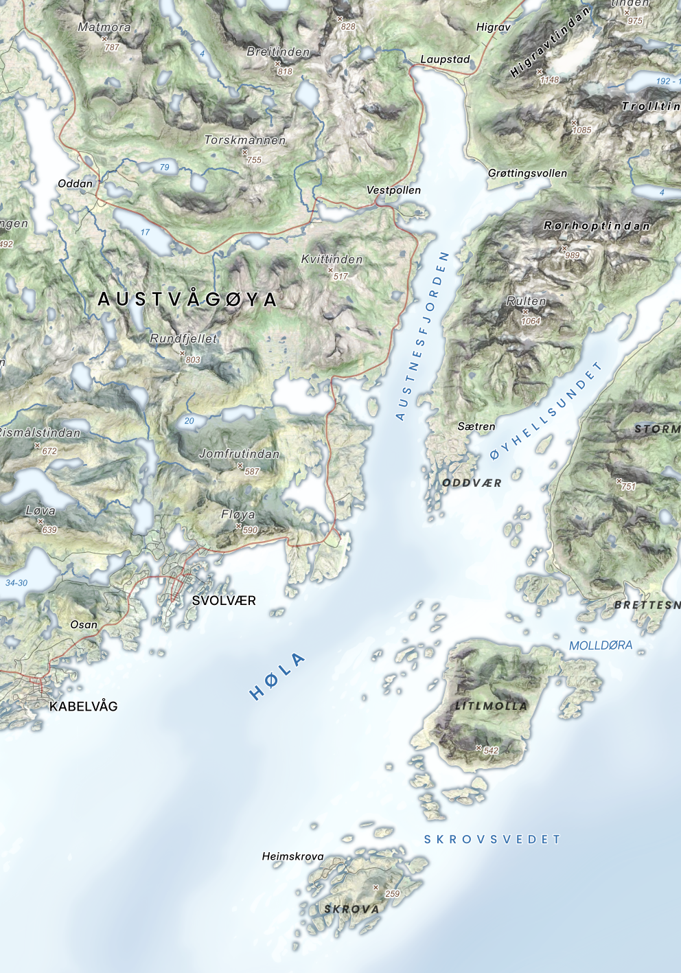 Deler av Vågan kommune med realistiske farger og tekstur – detaljert visualisering av Kabelvåg og Svolvær.