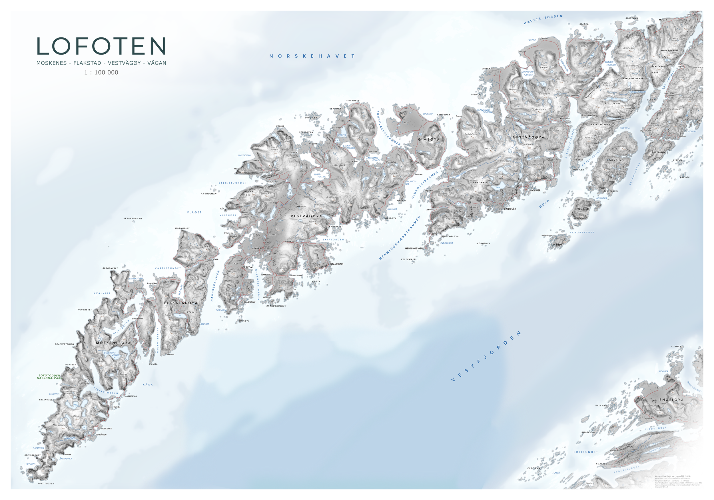 Elegant kart over Lofoten i rolig og balansert fargepalett.