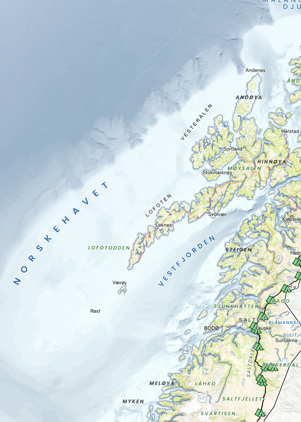 Utsnitt av Nordland med inntegnet rute. Viser hvordan egen reise, ekspedisjon eller prosjekt kan fremheves grafisk.
