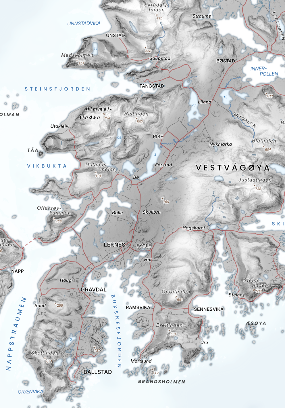 Vestvågøya – Unstad, Leknes og Ballstad i stilrent, elegant kartdesign.
