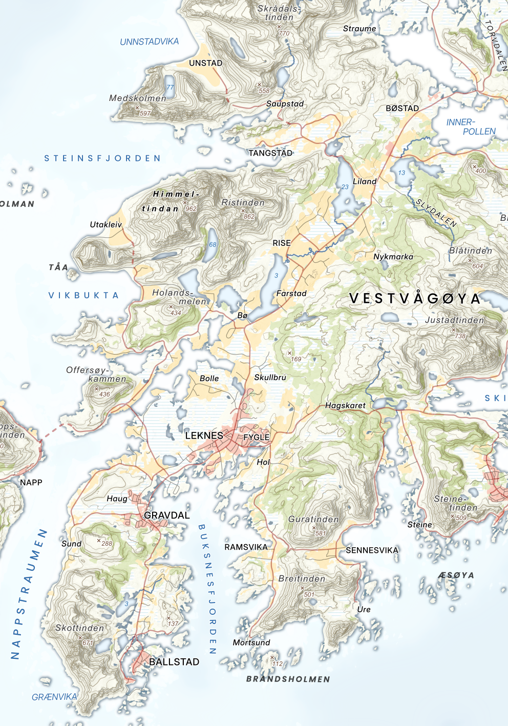 Vestvågøya i retro stil – fjorder, Unstad, Leknes og Ballstad i jordfarger.