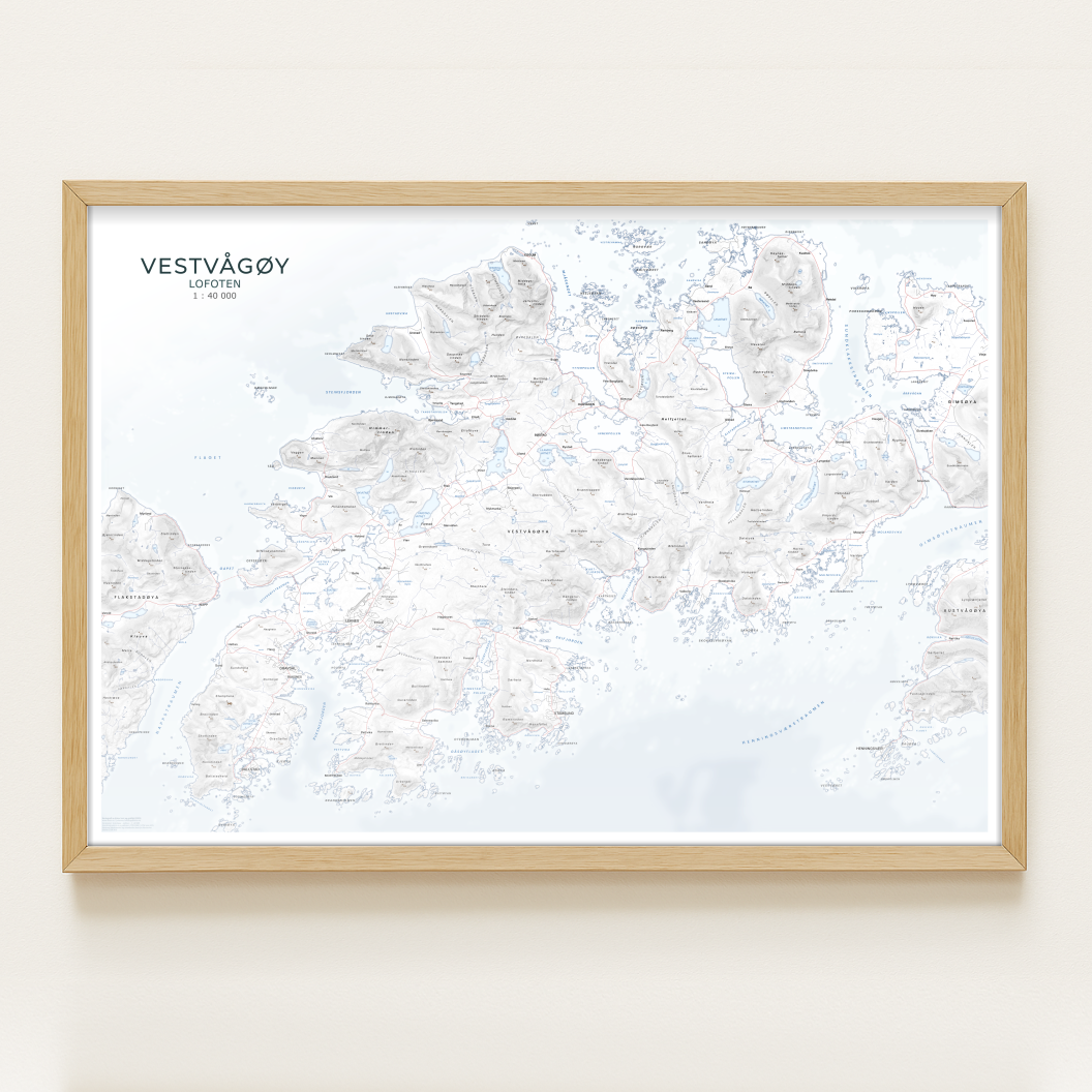 Kart over Vestvpgøy i Lofoten i ren og moderne stil med få detaljer og lyse fargetoner.