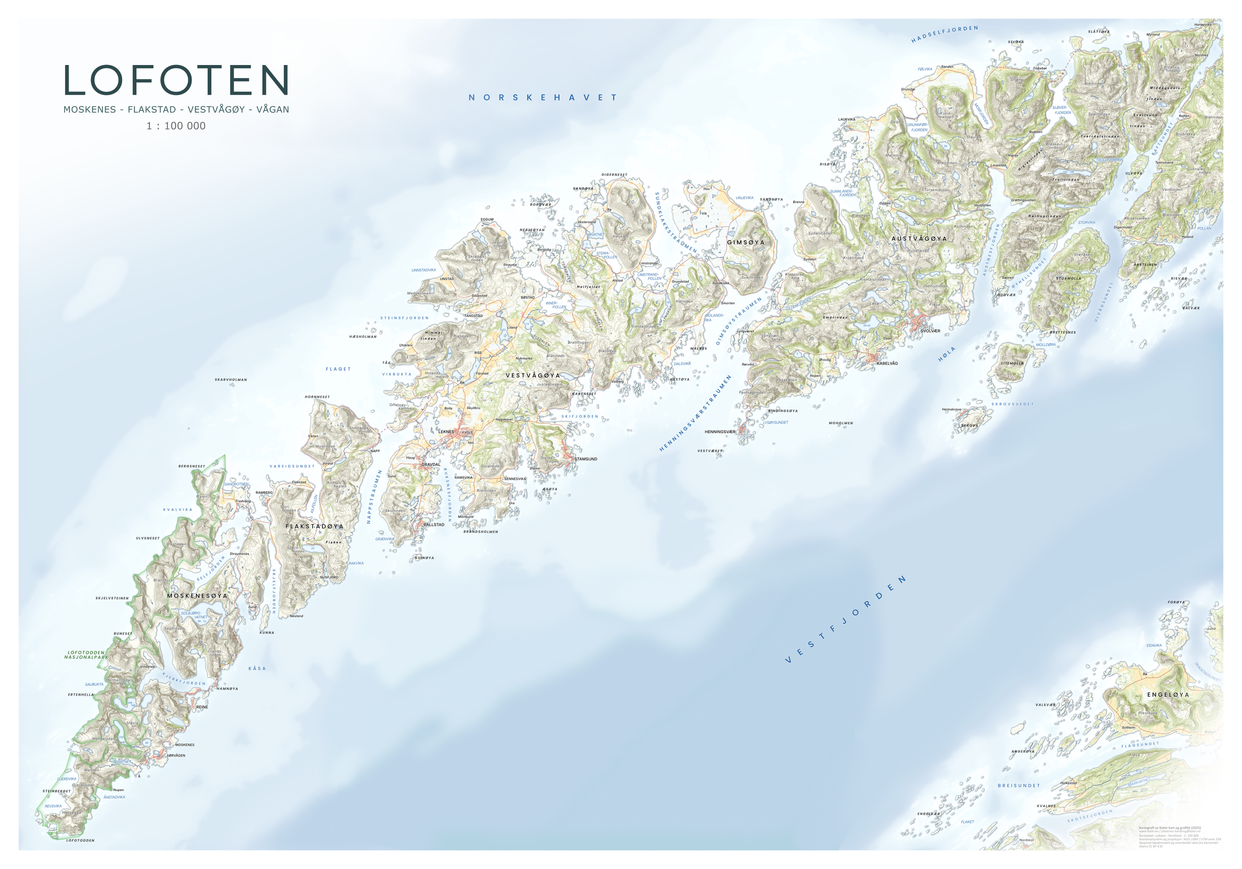 Kart over Lofoten i retro fargepalett med tydelig fjellskygge.