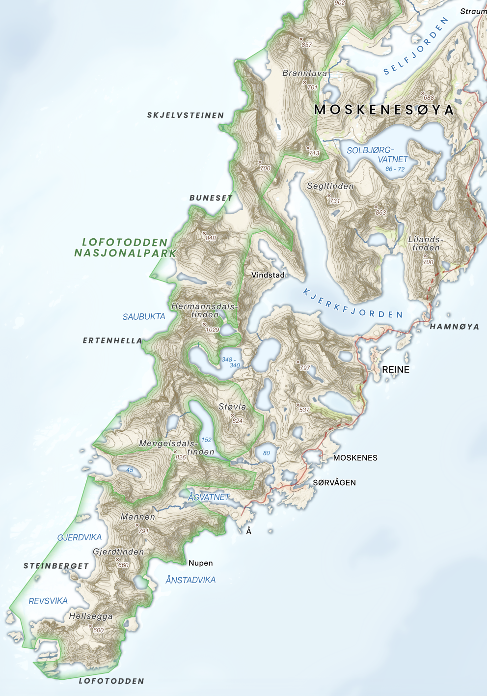 Lofotodden – fjell og kyst fremhevet med tradisjonell kartografi.