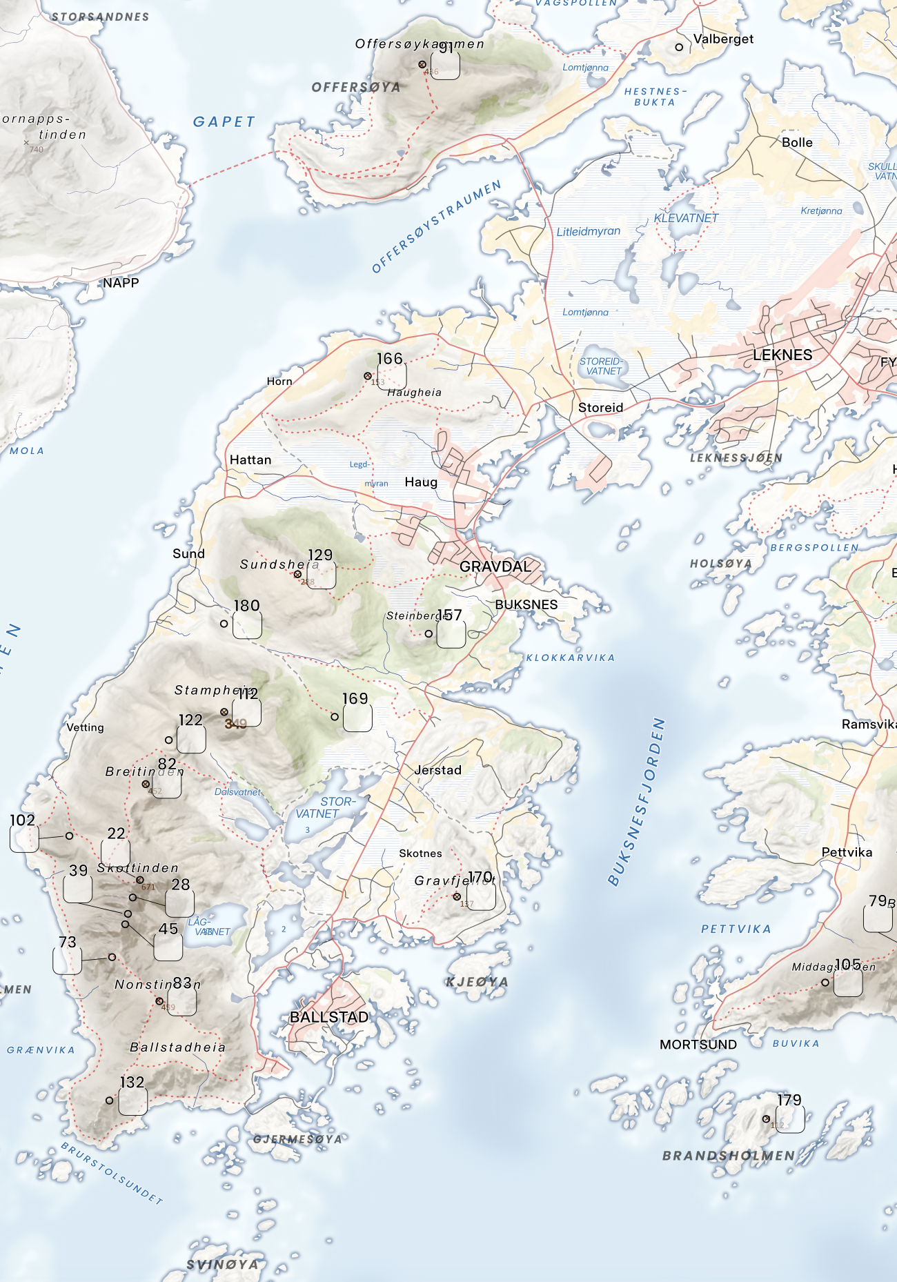 Leknes, Gravdal, Ballstad og fjellene Nonstinden og Skottinden med avkryssingsbokser.