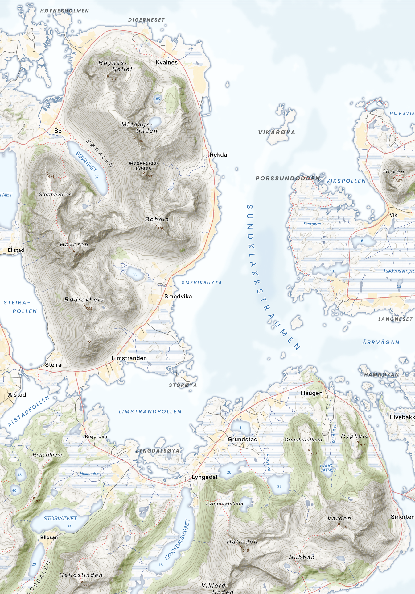 Utsnitt av nordøstlige Vestvågøy – Haveren, Hellostinden, Håtinden og deler av Gimsøya med Hoven i retro palett.