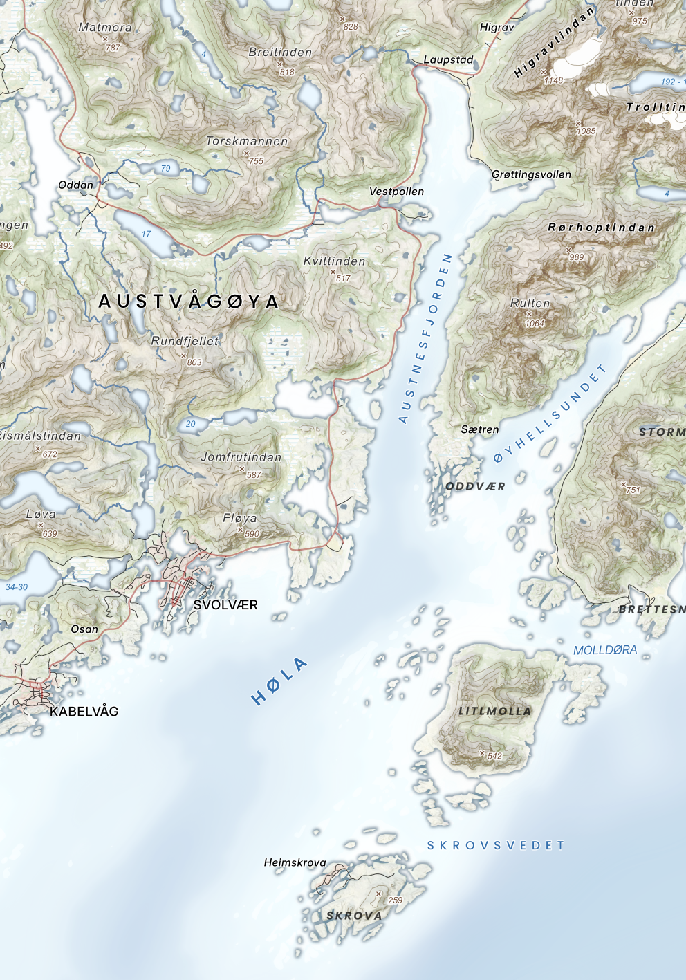 Deler av Vågan kommune – Svolvær og Kabelvåg med livlige toner og tydelig form.