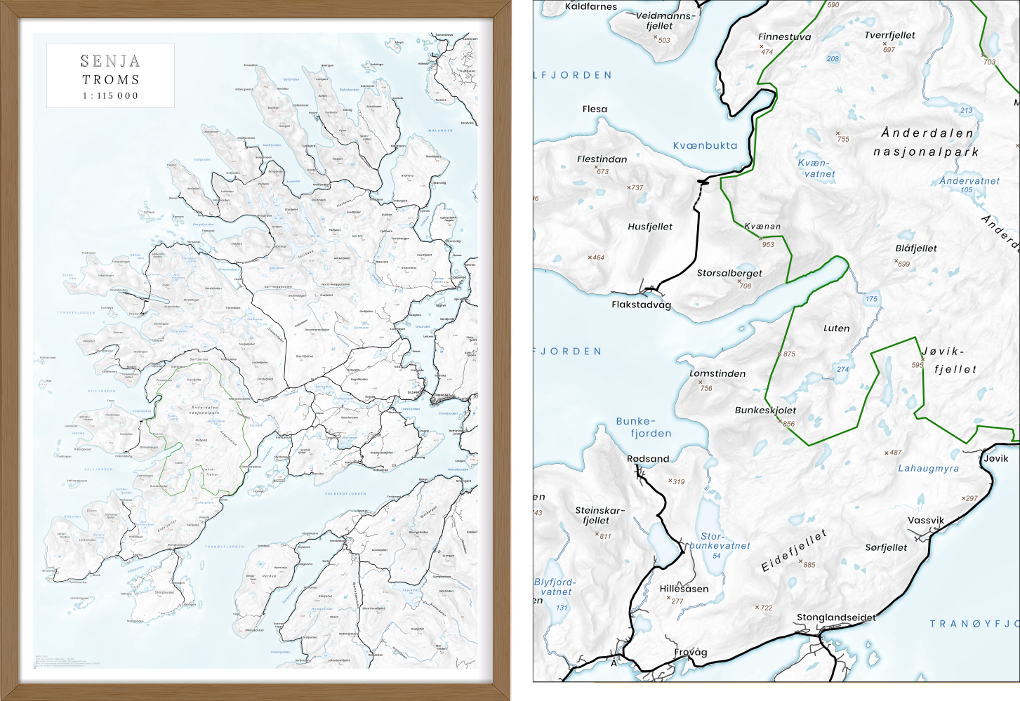 Minimalistisk kart over Senja i ekstra enkel stil, målestokk 1:115 000 – med færre detaljer, perfekt for deg som liker ro på veggen.