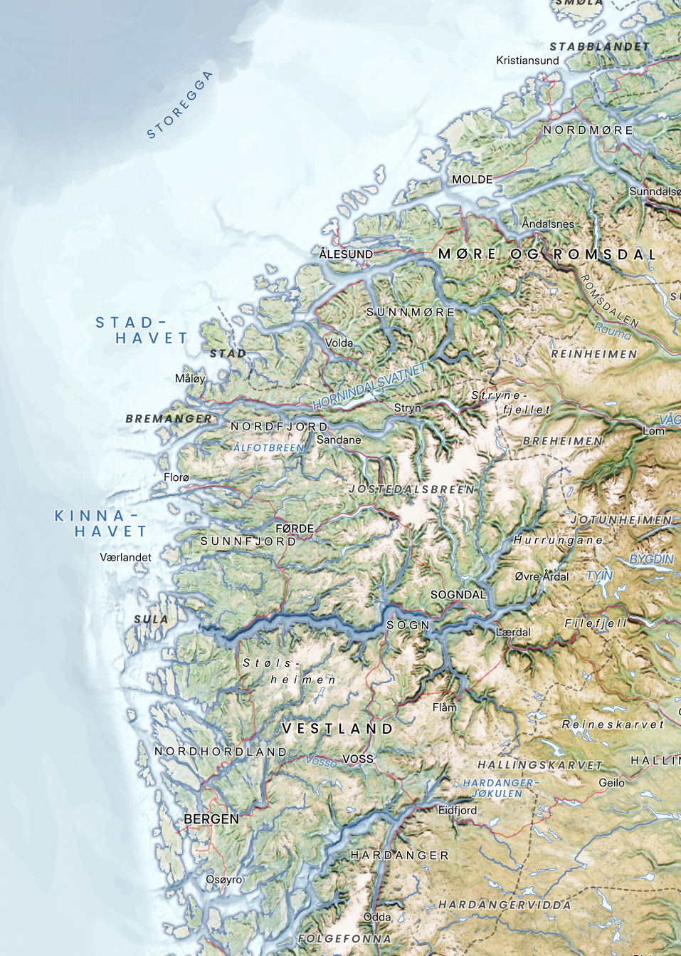 Utsnitt av Vestlandet fra Norgeskart – Livlig. Viser fjorder, daler og stedsnavn i detaljert og naturtro stil.