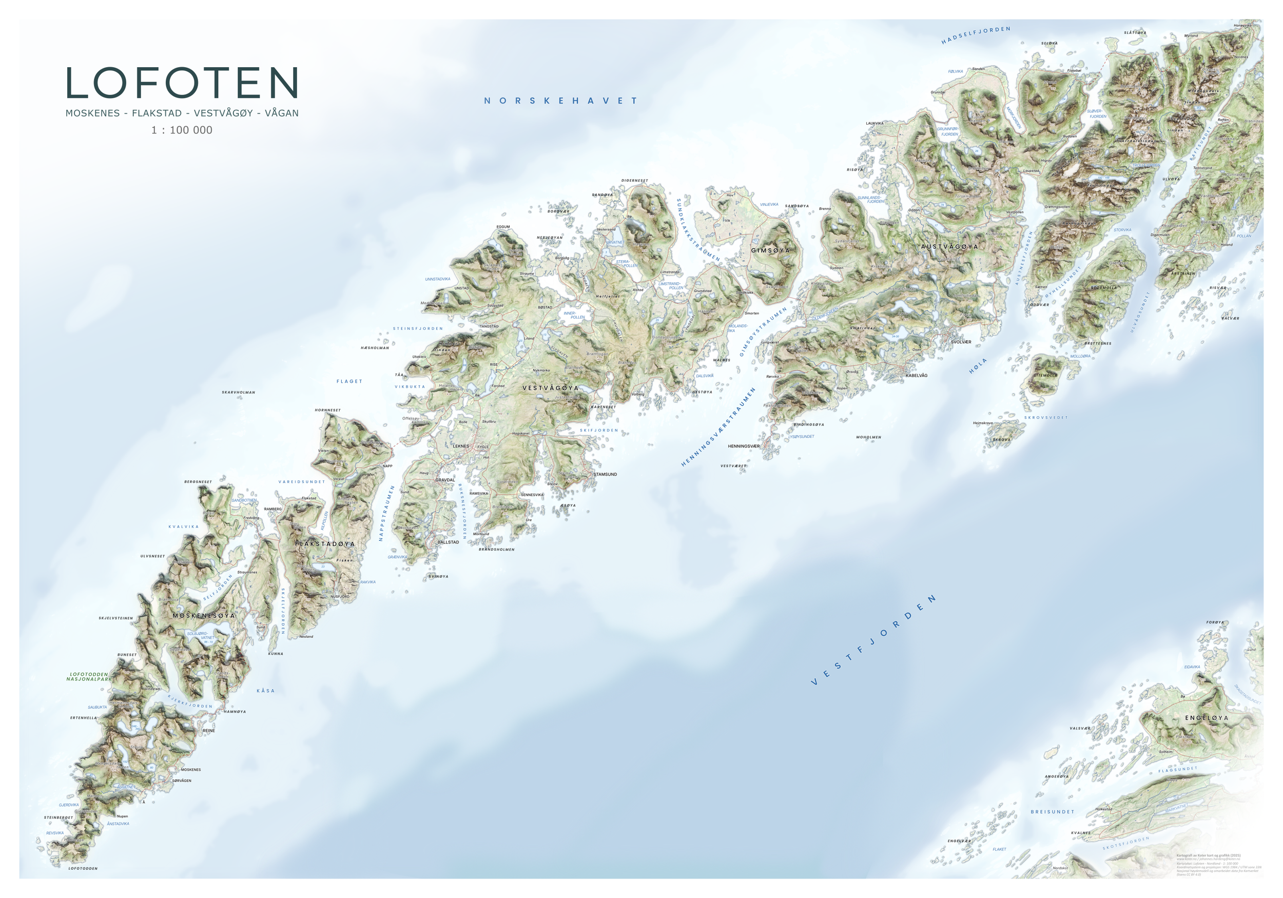 Livlig kart over Lofoten i sterke naturfarger med realistisk terreng og kontrast.