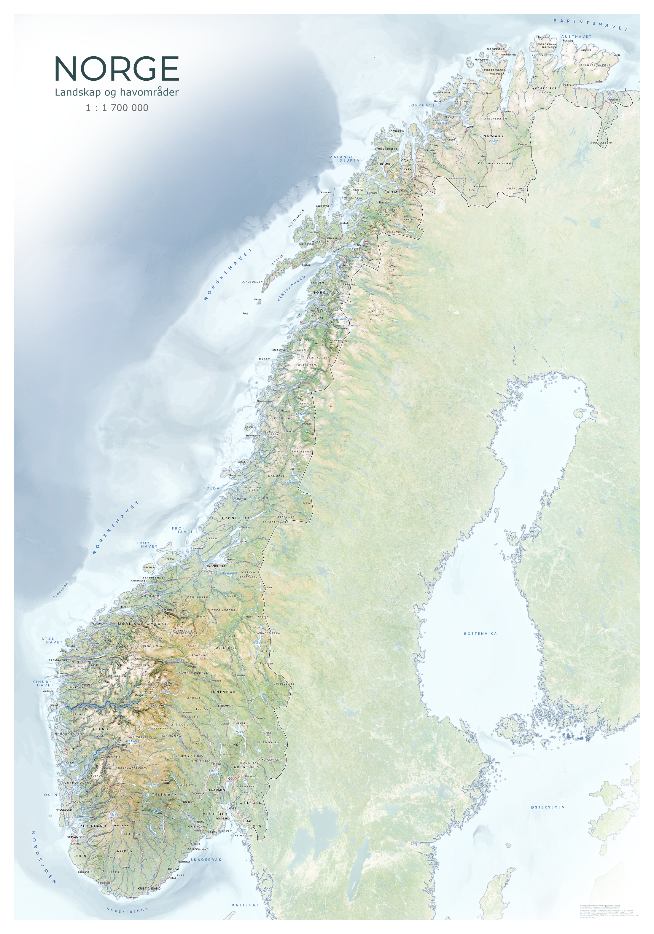 Norgeskart – Livlig, fullversjon med stedsnavn og detaljer. Hele Norge vist i livlige naturfarger med realistisk terreng og tydelig kystlinje.