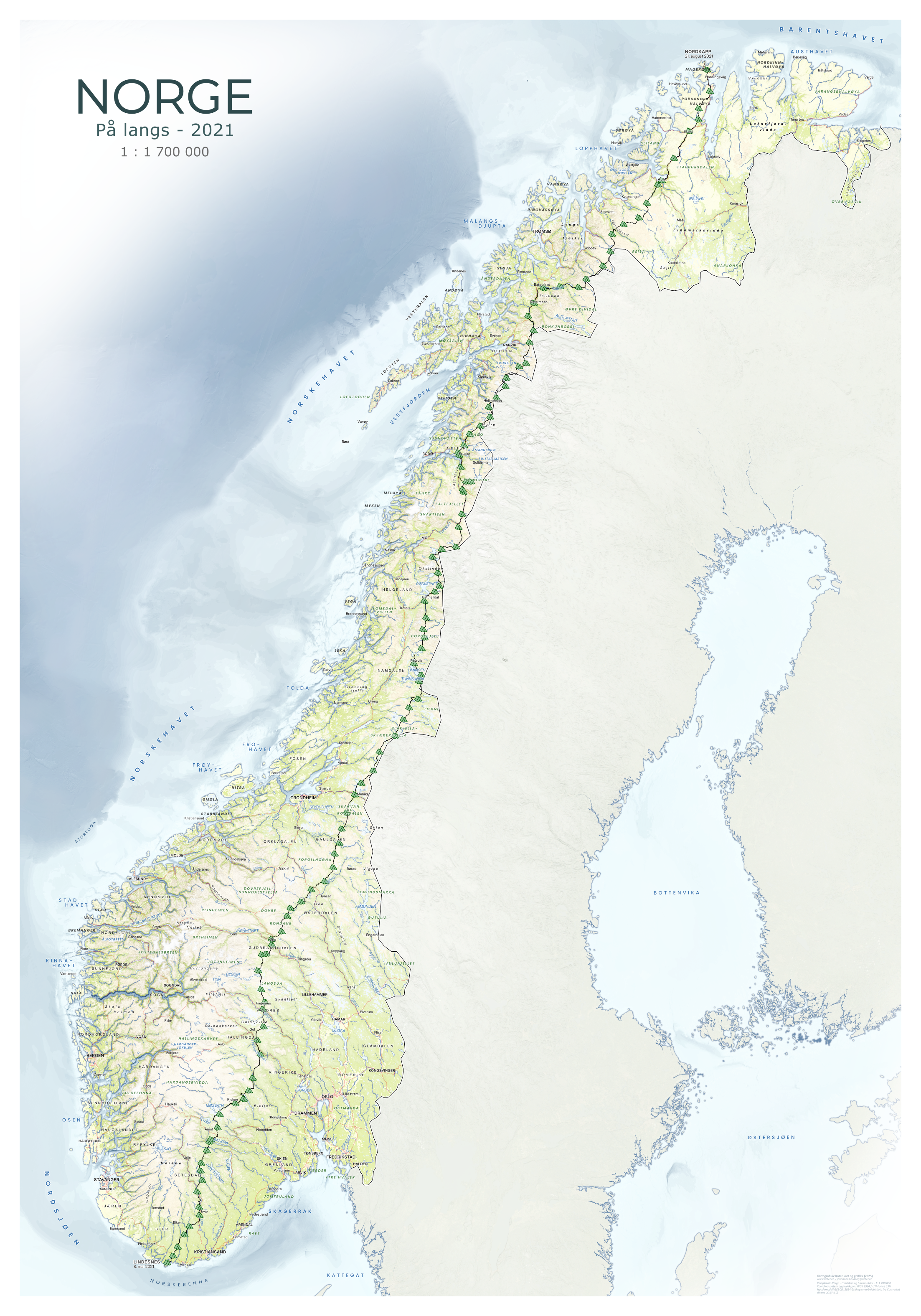 Eksempelkart over Norge med inntegnet rute fra Lindesnes til Nordkapp. Viser hvordan personlige turer og prosjekter kan tegnes inn etter ønske.
