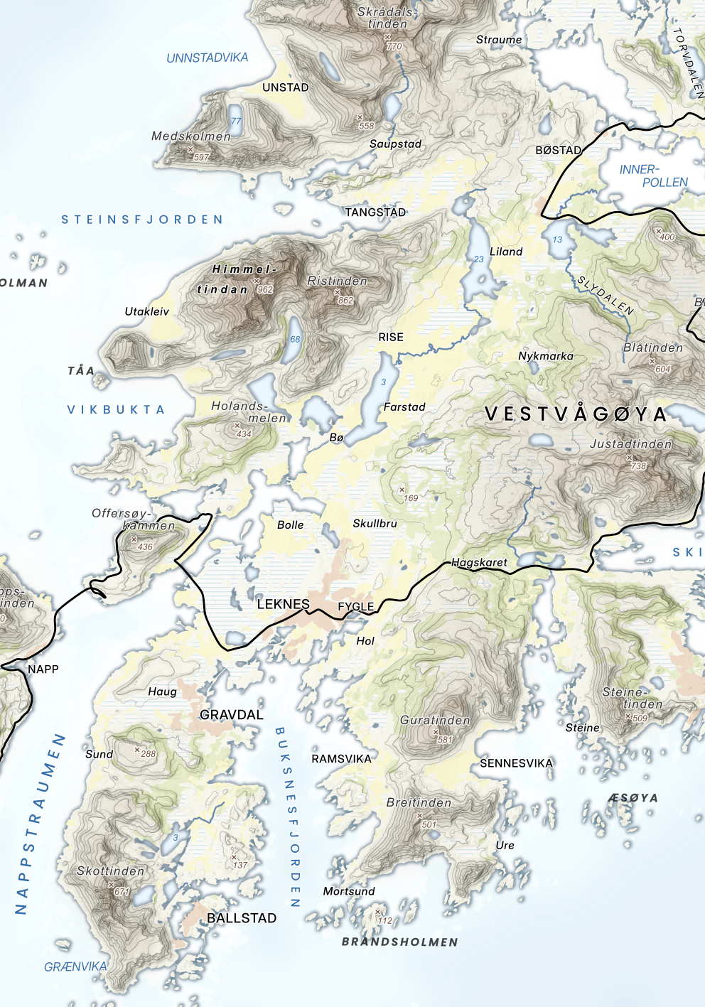 Vestvågøya – Unstad, Leknes og Ballstad med markert rute.