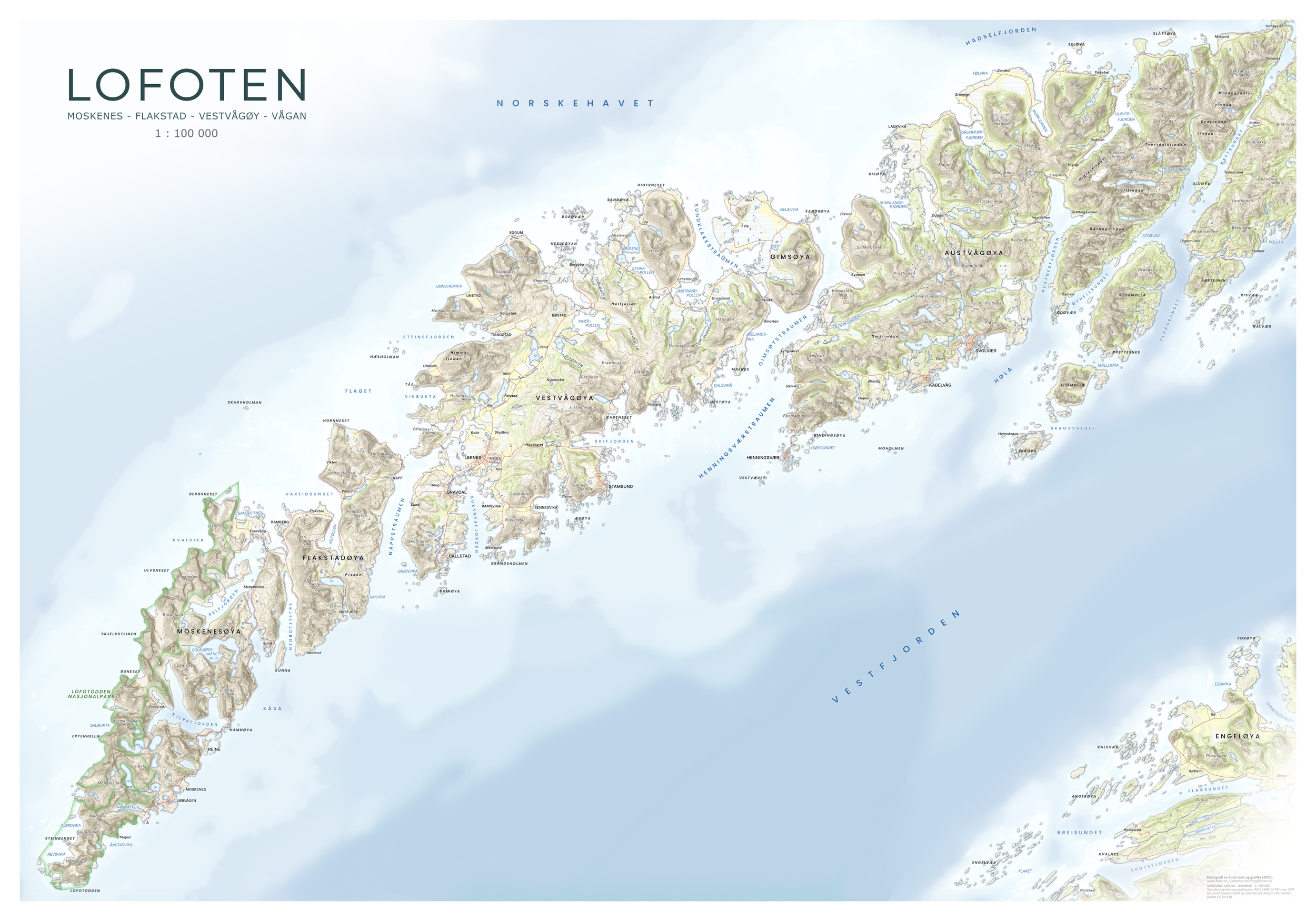 Klassisk kart over Lofoten – varme farger og markert fjellskygge som viser terreng.