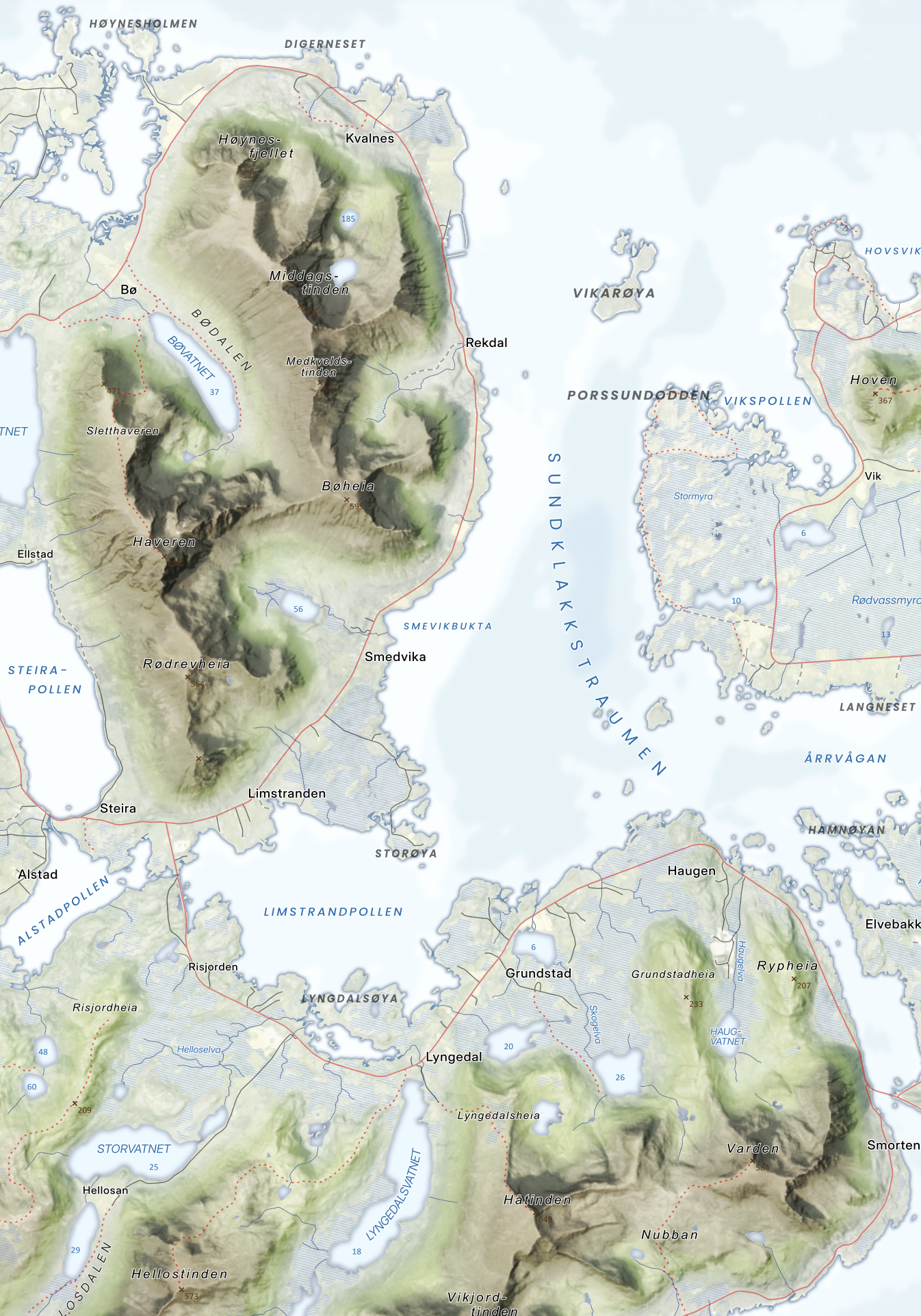 Nordøstlige Vestvågøy – Haveren, Hellostinden, Håtinden og Gimsøya med Hoven i livlig og detaljert stil.