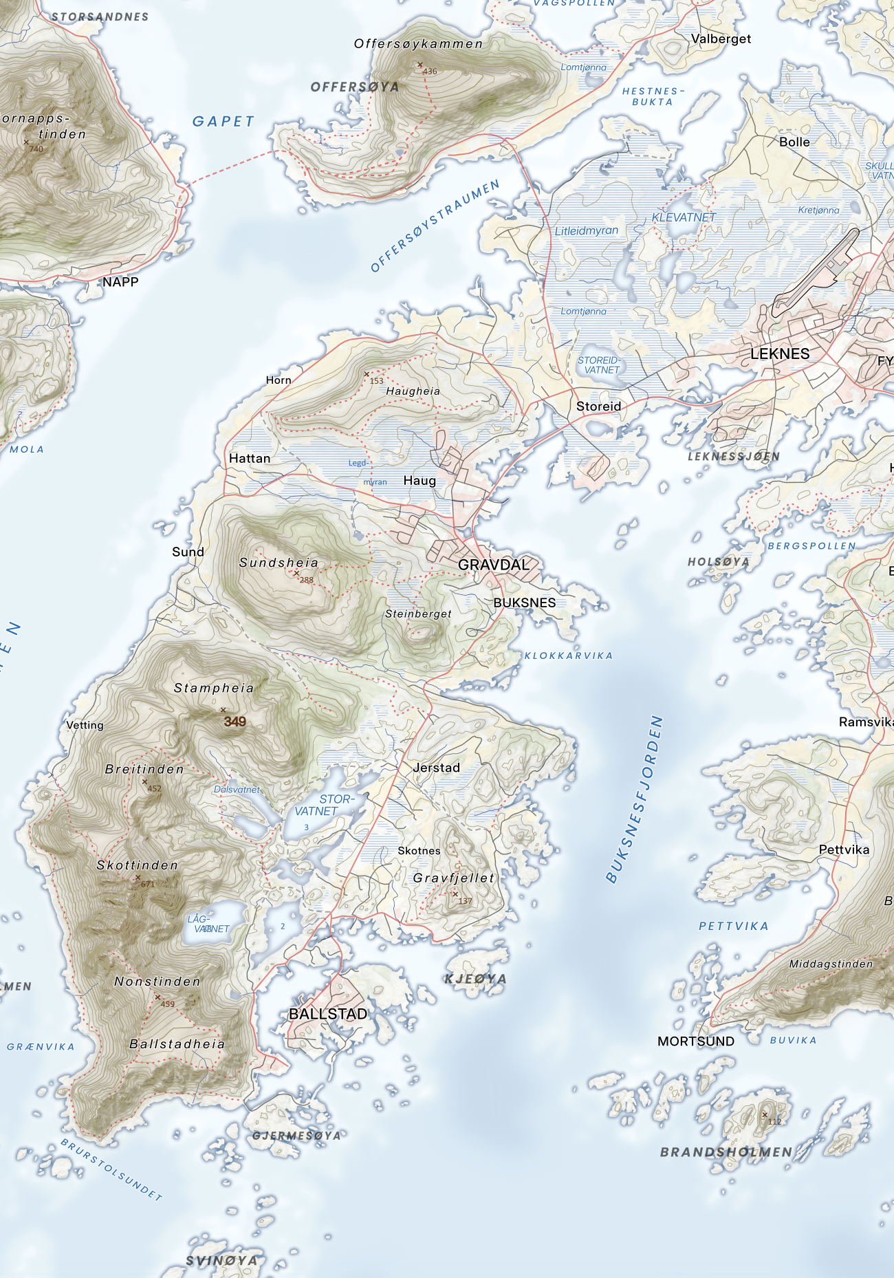 Leknes, Gravdal og Ballstad med Nonstinden og Skottinden i kreativ, forenklet stil.
