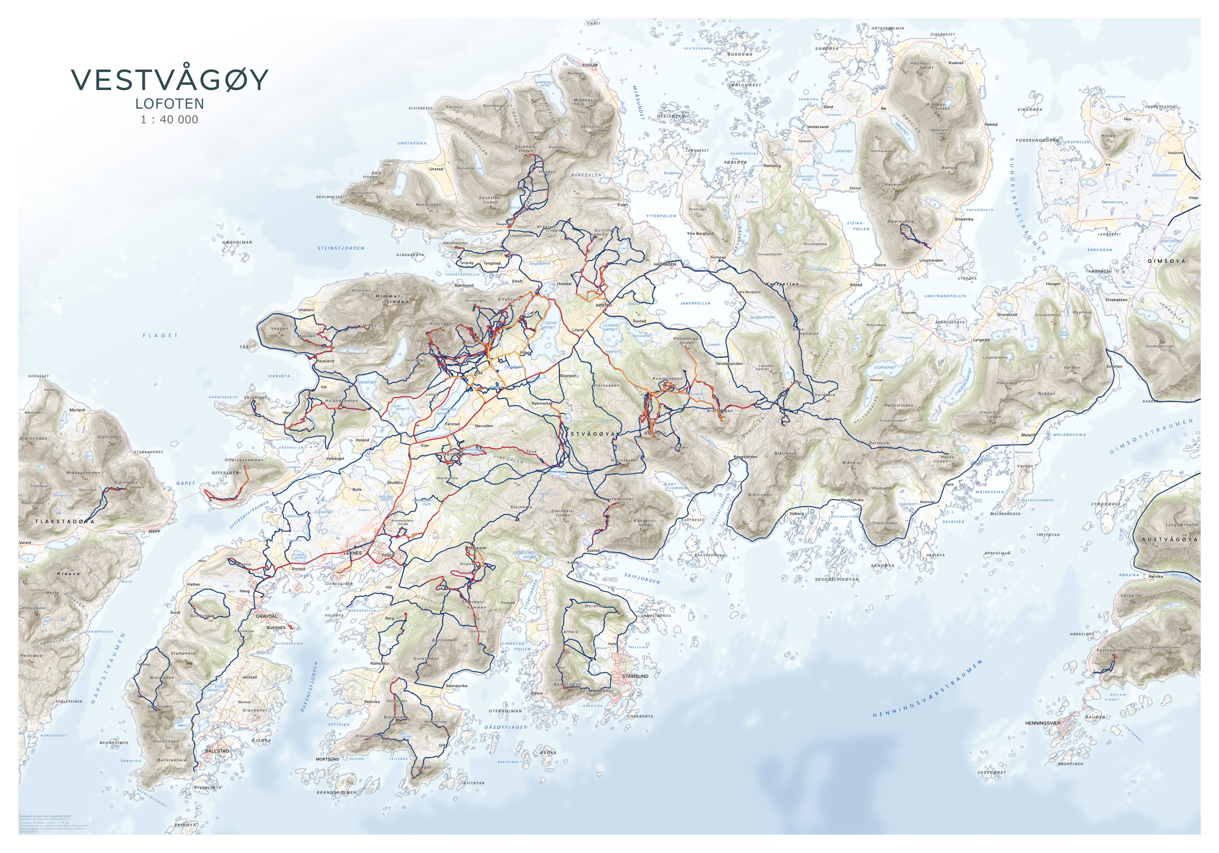 Eksempelkart over Vestvågøy med Strava heat map – viser aktivitetsdata i landskapet.