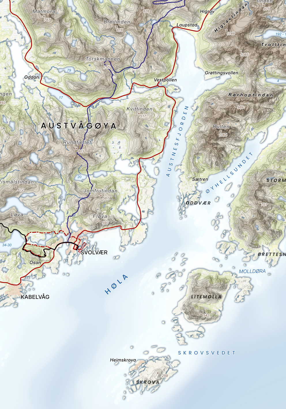 Vågan-området – Kabelvåg og Svolvær med tilpasset rute som eksempel på spesiallaget kart.