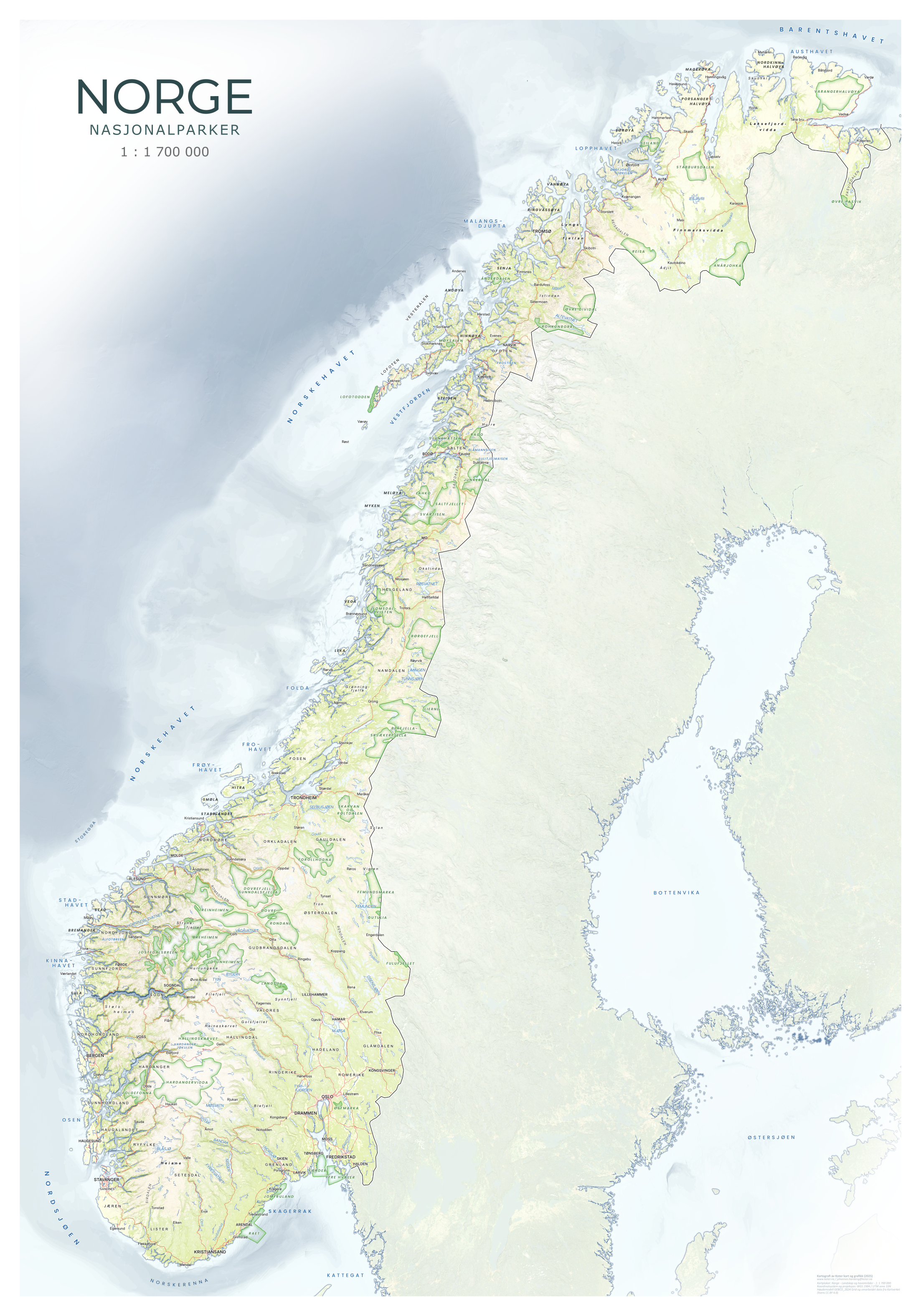Kart over Norges 41 nasjonalparker, fullversjon. Hele Fastlands-Norge med parkgrenser markert i grønt og realistisk terreng.