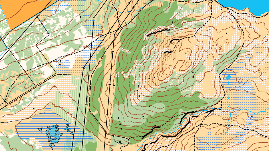 Detaljert orienteringskart med høydekurver og symboler – eksempel på høyoppløselig turkart, jaktvalldekning og orienteringskartproduksjon