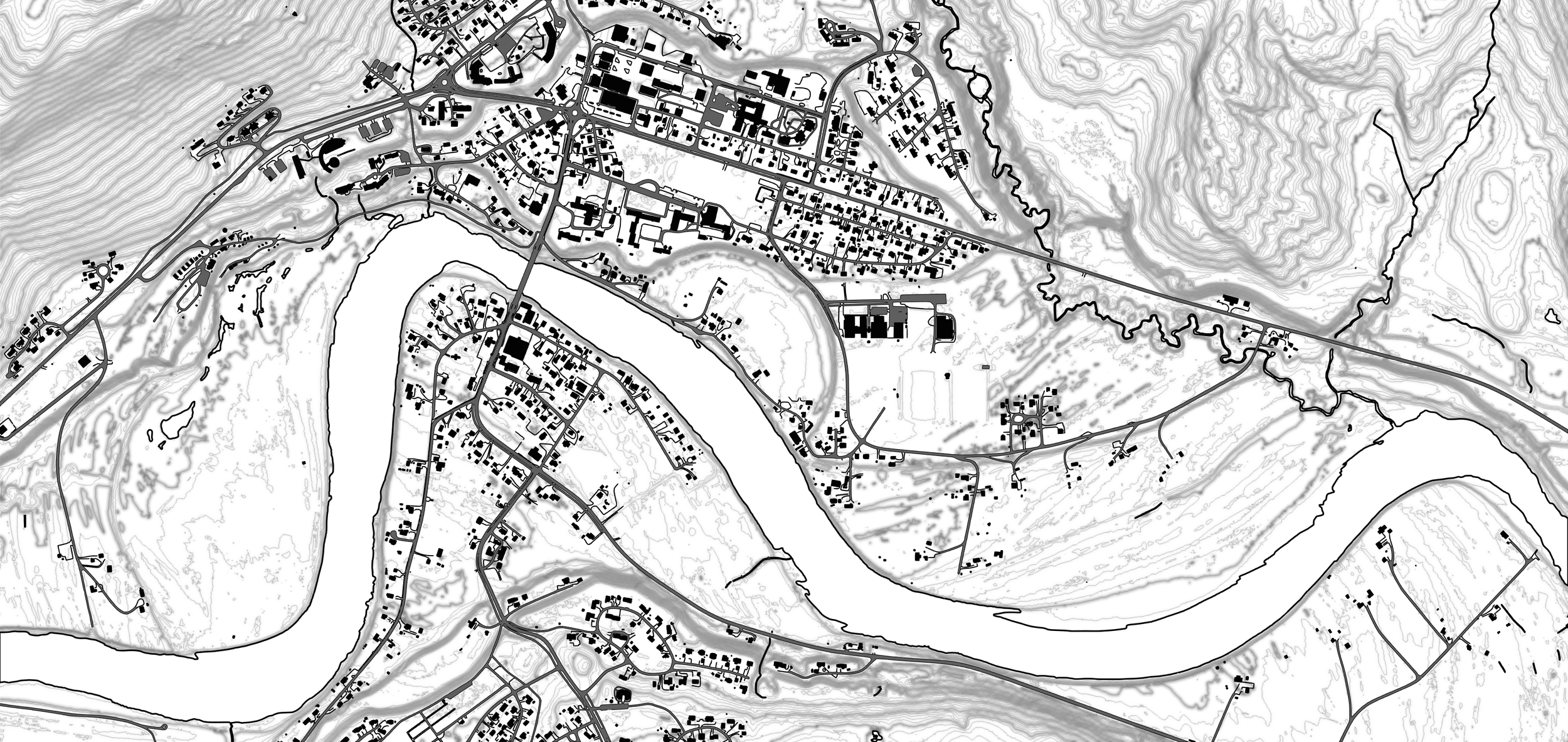 Bykart i svart-hvitt med grafisk preg og tydelig struktur – passer godt som en urban kartillustrasjon.