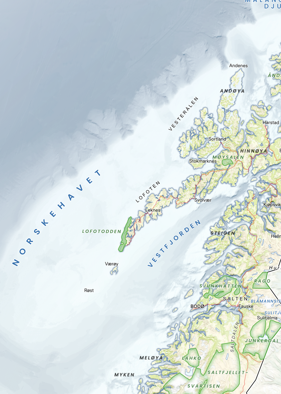 Utsnitt av Nordland fra nasjonalparkkartet. Viser Saltfjellet, Lofotodden og Sjunkhatten i detaljert terreng.