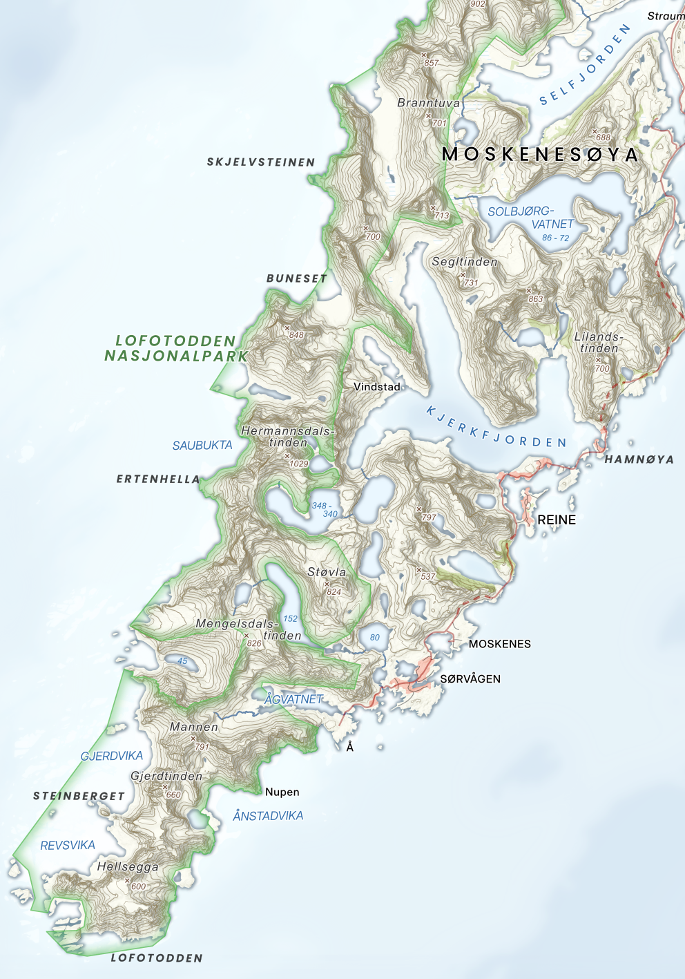 Lofotodden vist i retro palett – varme fargetoner og markerte høyder.