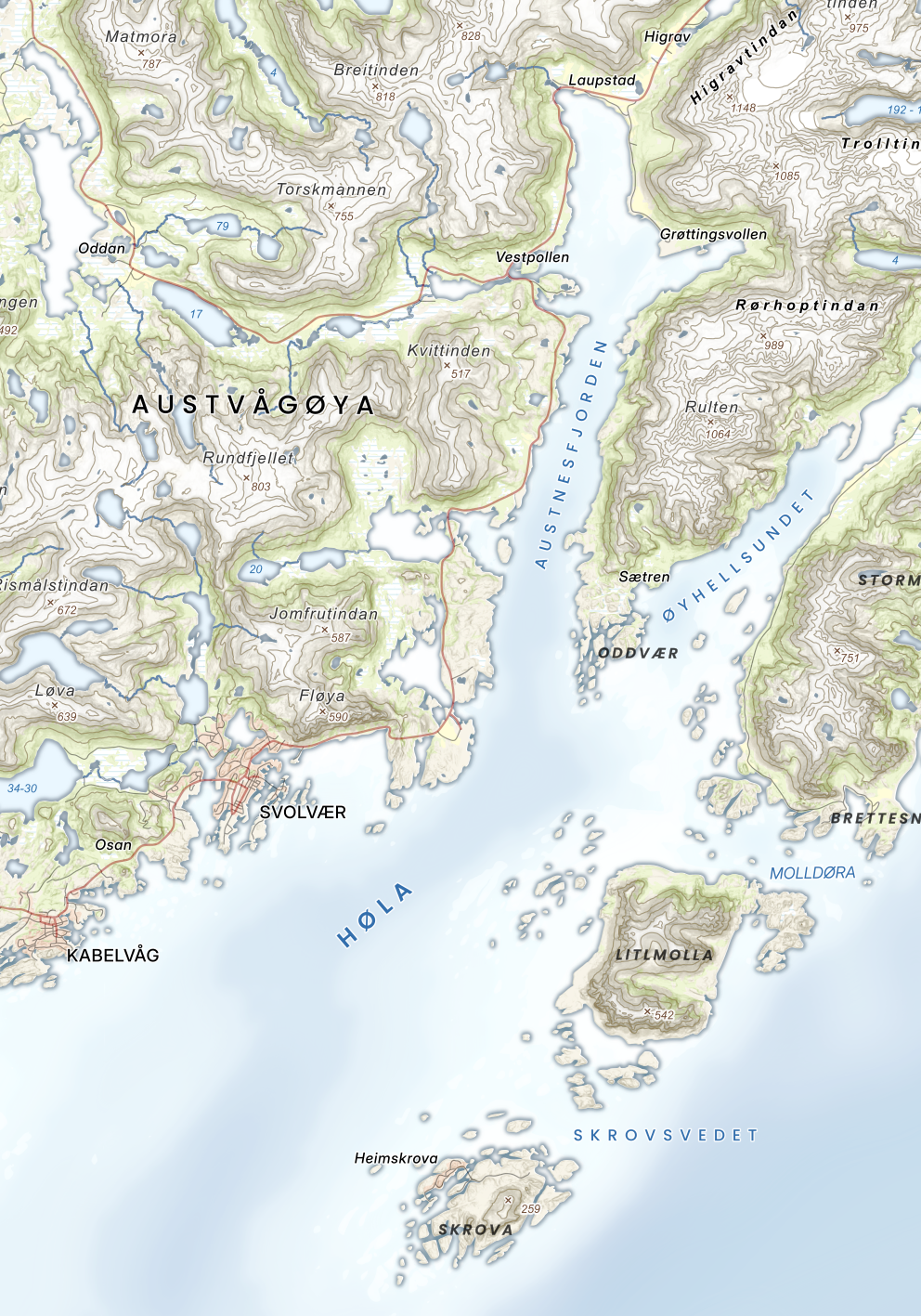 Deler av Vågan kommune – Svolvær og Kabelvåg vist i lyse, harmoniske toner.