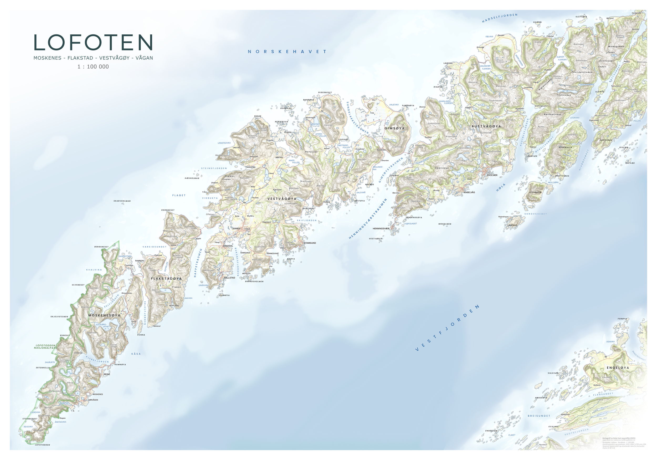 Dus kart over Lofoten – lyse og myke fargetoner, dramatisk terreng med nedtonet gjengivelse.