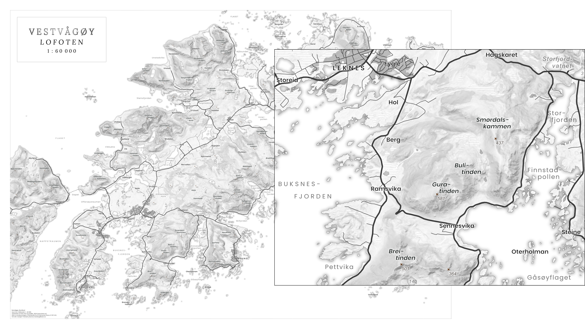 Kart i svart-hvitt – mye detaljer, men helt uten farger.