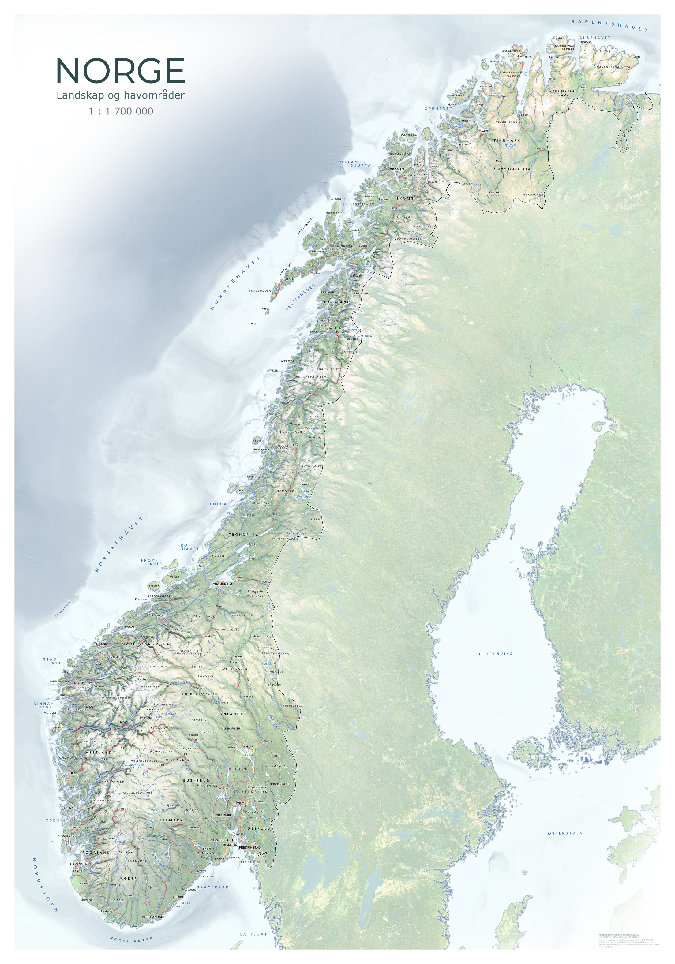 Norgeskart – Realistisk, fullversjon. Hele Norge vist med farger og teksturer inspirert av satellittfoto.