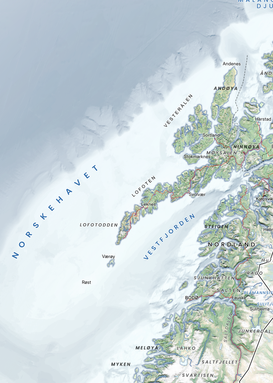Utsnitt av Nordland. Fjell, øyer og hav presentert med høy detaljgrad og realistisk tekstur.