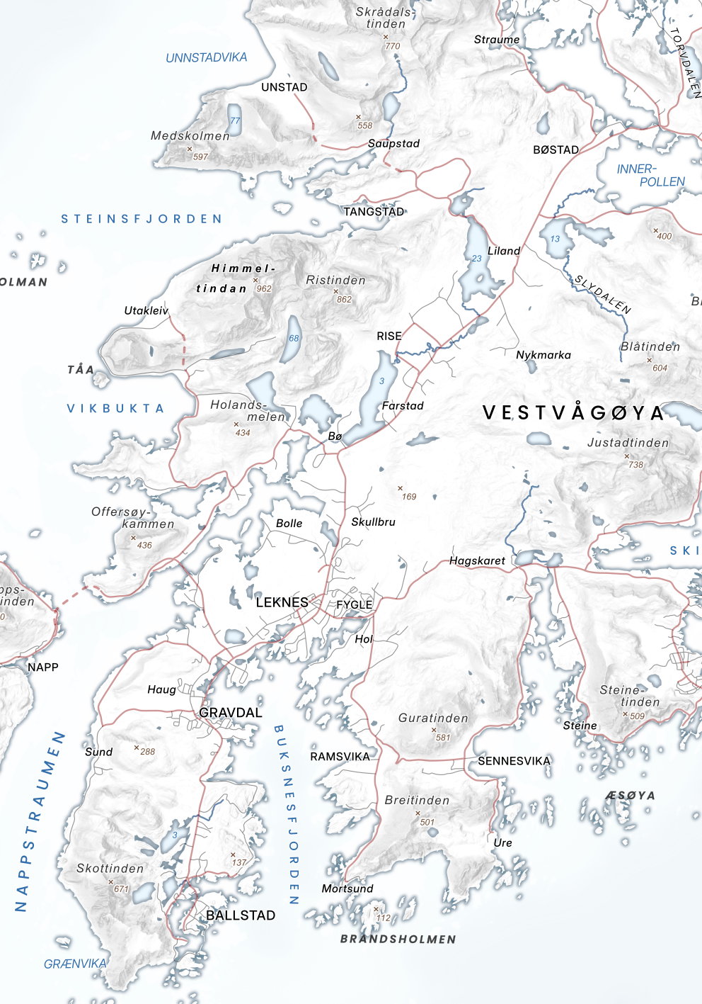 Vestvågøya i minimalistisk uttrykk – Unstad, Leknes og Ballstad markert med enkel topografi.