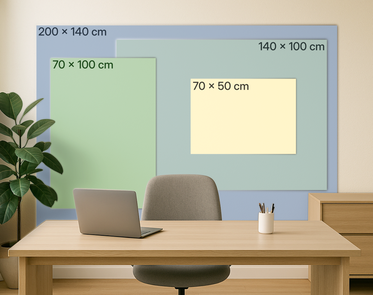 Illustrasjon som viser ulike plakatstørrelser på en vegg – 50×70 cm, 70×100 cm, 100×140 cm og 140×200 cm – plassert bak et skrivebord. Bildet gir en visuell oversikt over hvor store kartplakatene fremstår i ulike formater.