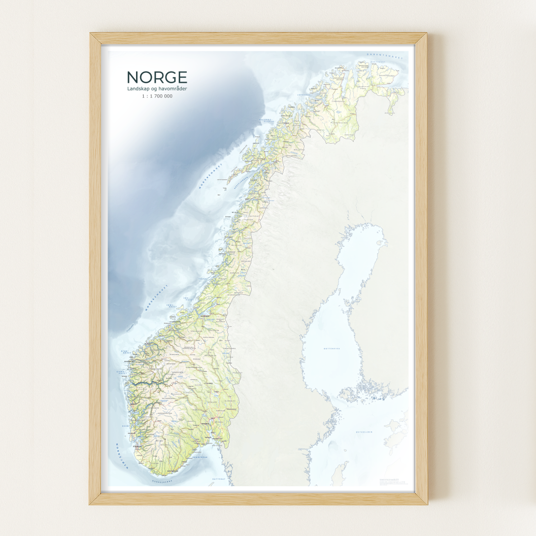 Kart over Norge i dempede og lyse fargetoner, med tydelige landskapsformer og havdybder. Perfekt for deg som ønsker et elegant og diskret veggkart med god lesbarhet.