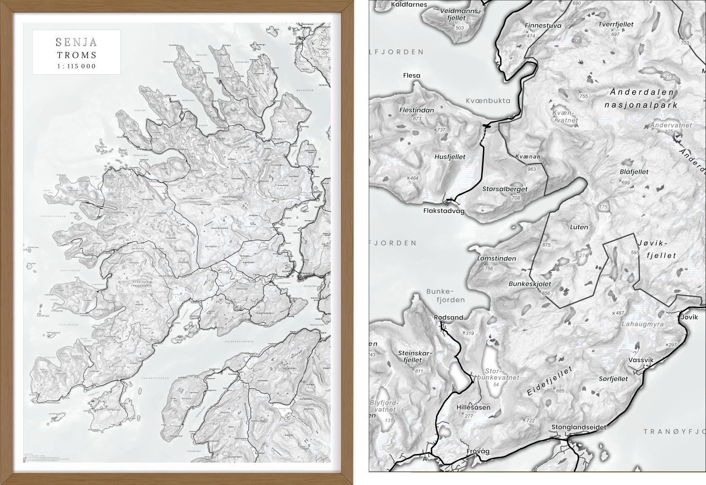 En monokron kartplakat over Senja, målestokk 1:115 000 – kontrastfull og tydelig, passer godt til svart-hvitt interiør.