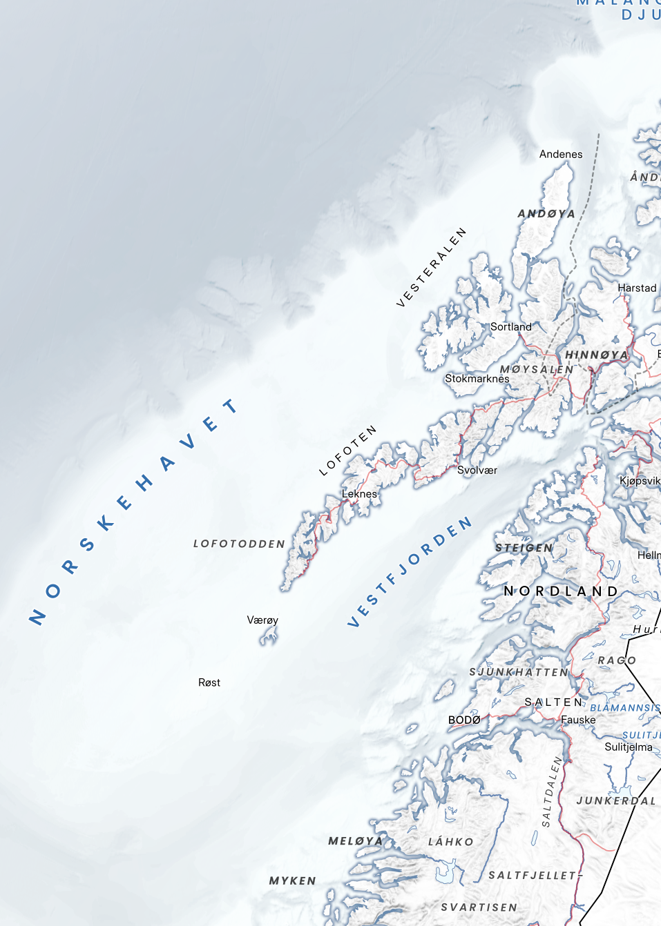 Utsnitt av Nordland. Delikat og forenklet uttrykk med rolig fargebruk og stedsnavn.