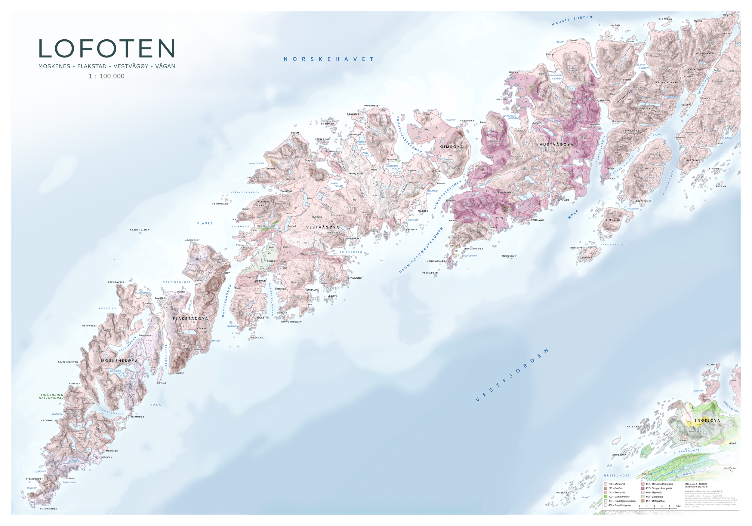 Geologisk kart over Lofoten – de ulike bergartene vist med forskjellige fargekoder.