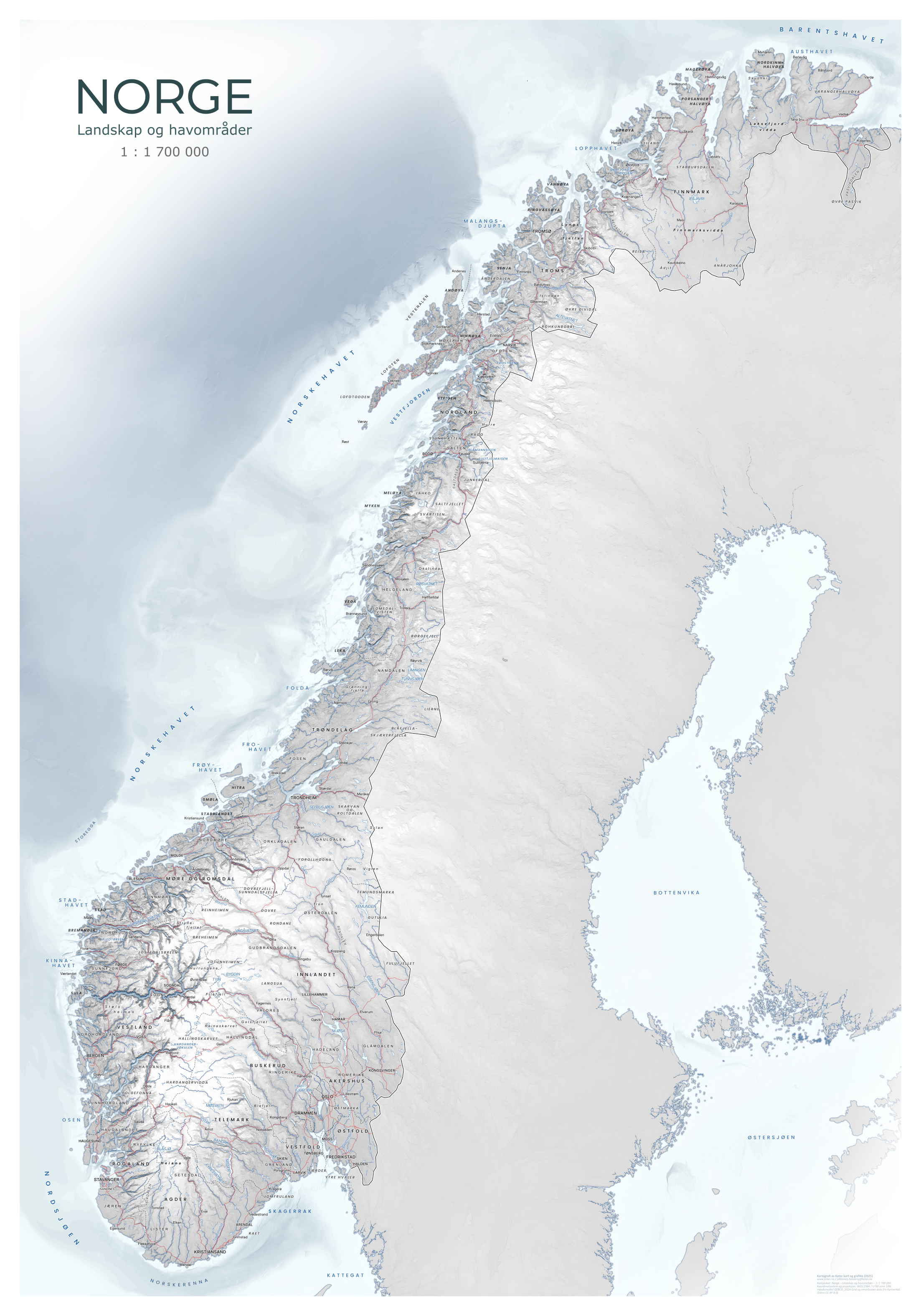 Norgeskart – Elegant, fullversjon med stedsnavn og detaljer