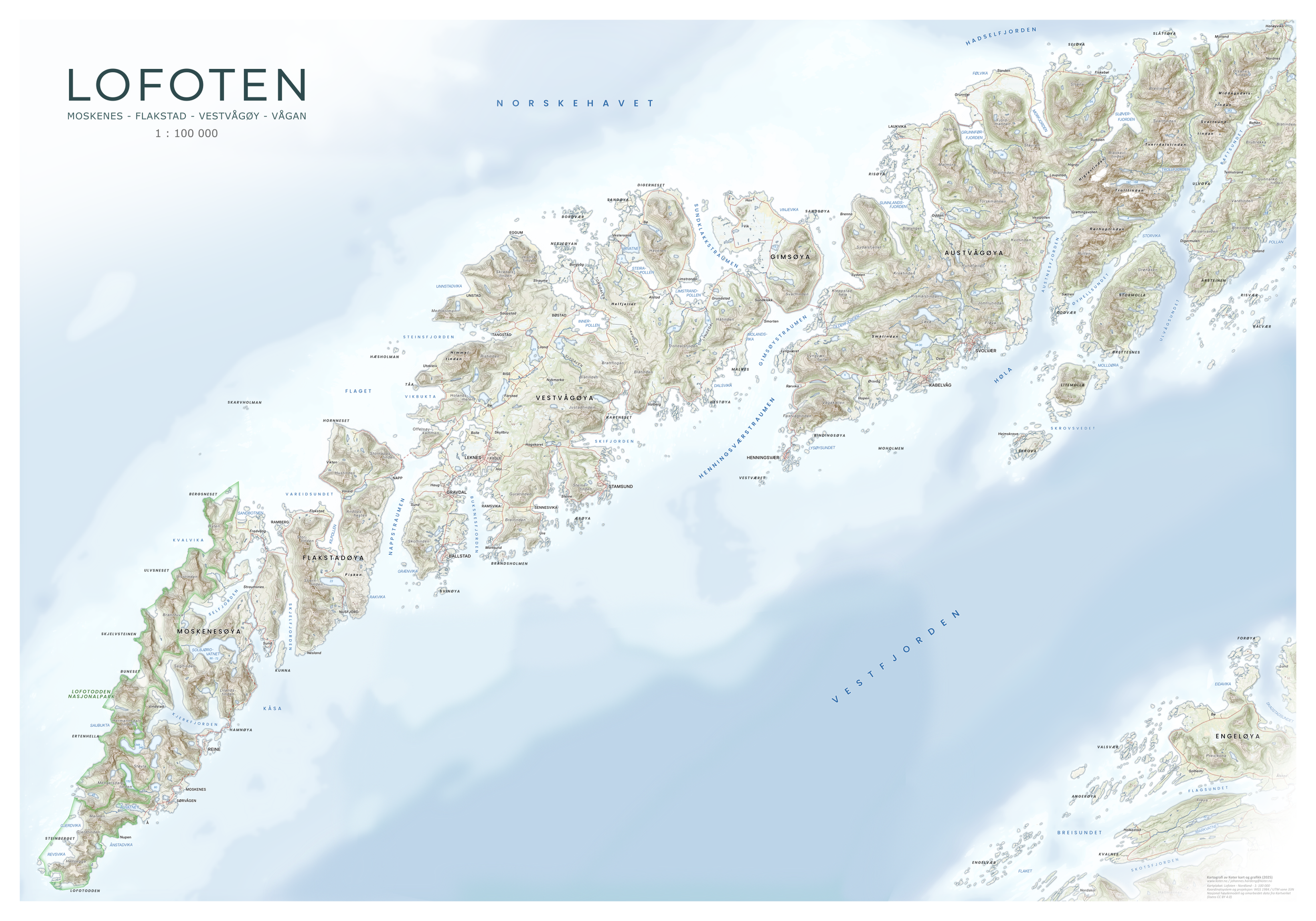 Lofoten vist med en leken kartstil – barnlige duse farger og moderne uttrykk.