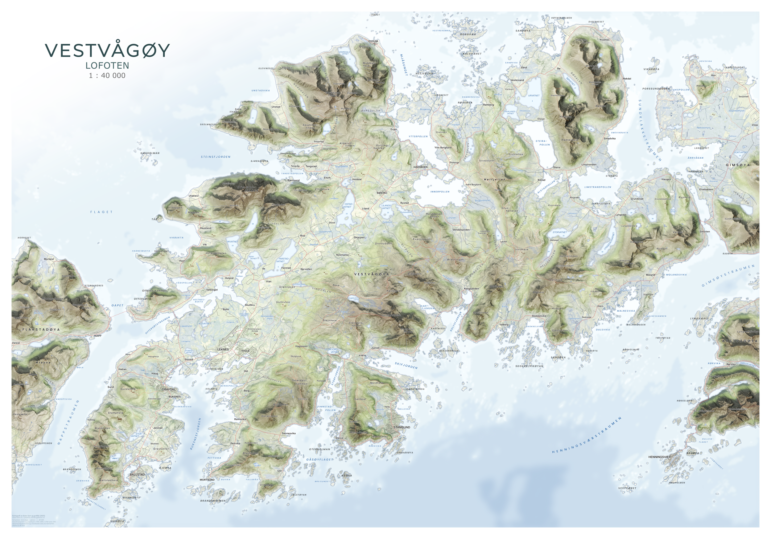 Livlig kart over Vestvågøy i sterke naturfarger og realistisk terreng.