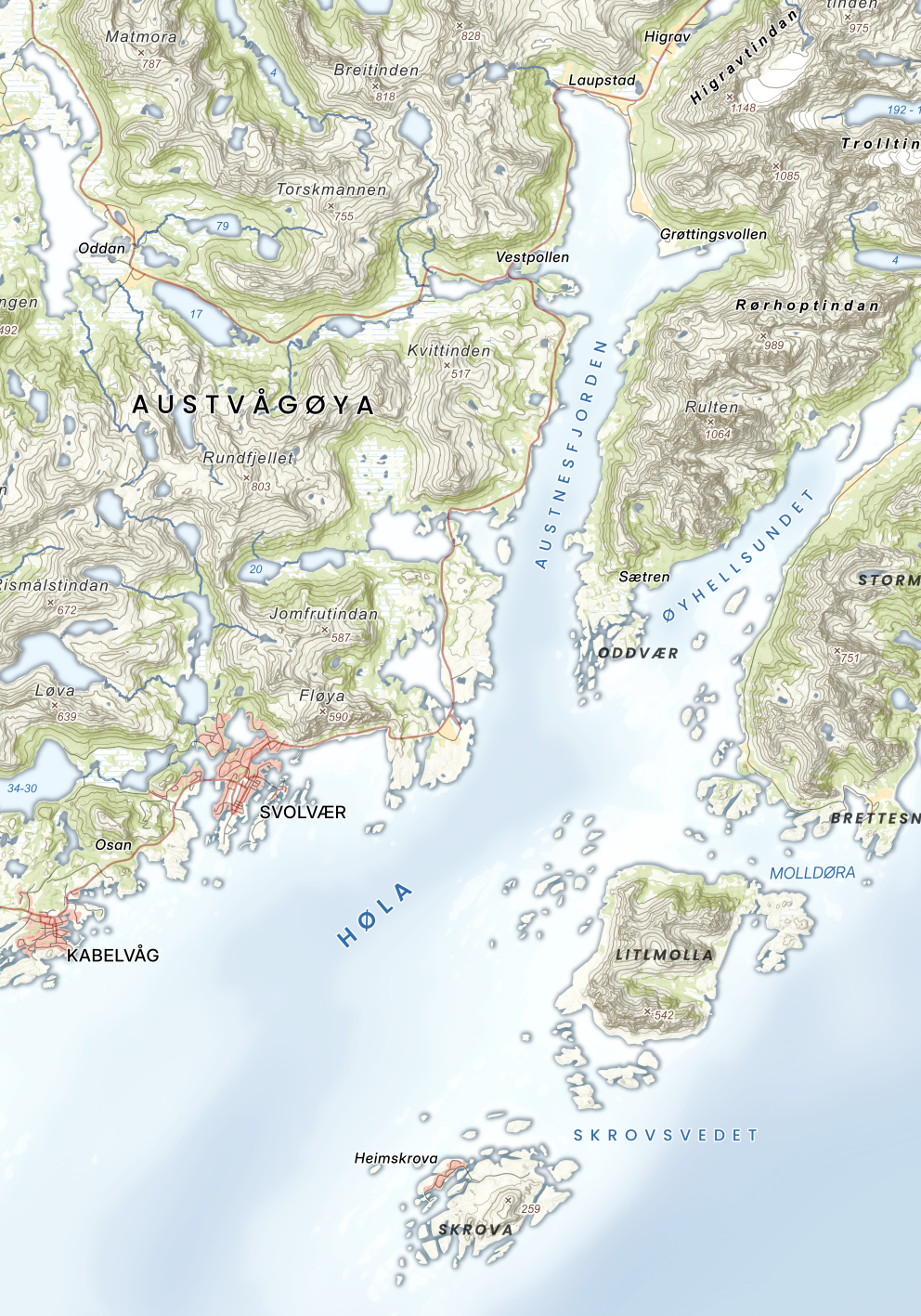 Deler av Vågan kommune vist med en artig og retro fargepalett.