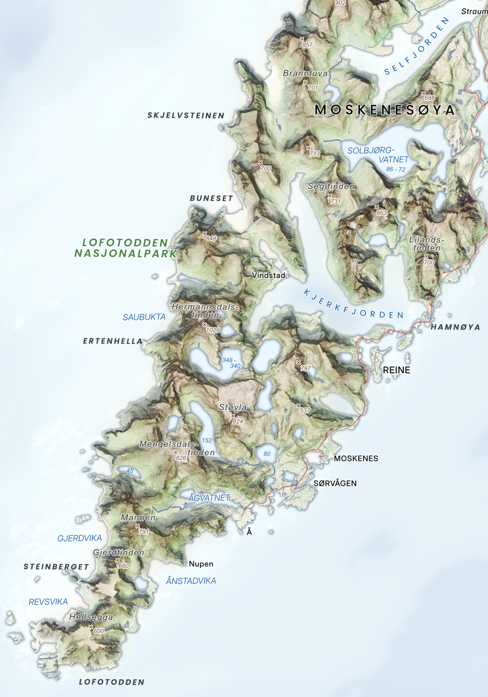 Moskenes og Lofotodden i livlige fargetoner – fjell og hav med tydelig dybde.