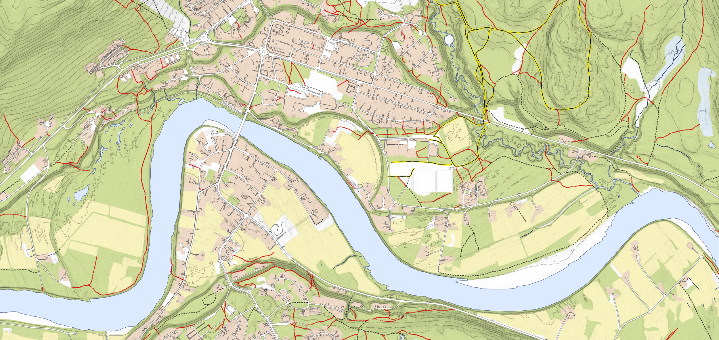 Topografisk turkart med stier, bygninger og høydekurver – egnet for turmål og hytteområder.