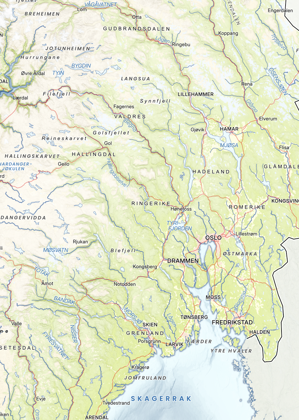 Utsnitt av Østlandet. Elver, innsjøer og landskap fremstilt i dempet og elegant stil.